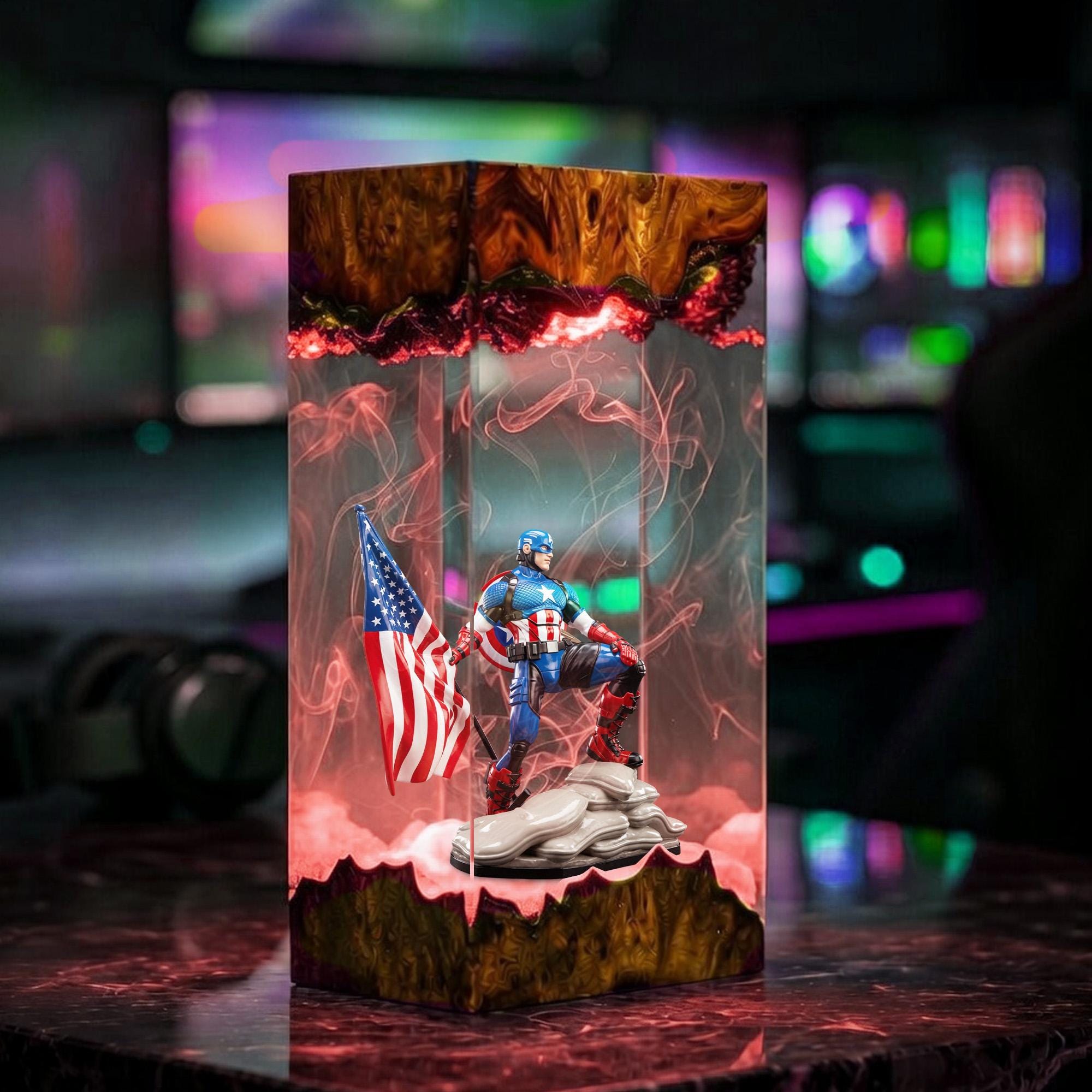 Captain America Resin Lamp Marvel Led Night Light Avengers Superhero Desk Decor Epoxy Diorama Lamp Gamer Gift For Him-3