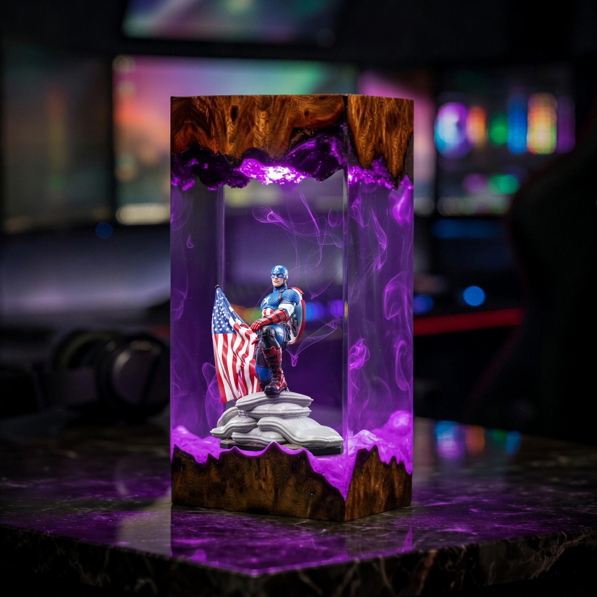Captain America Resin Lamp Marvel Led Night Light Avengers Superhero Desk Decor Epoxy Diorama Lamp Gamer Gift For Him-7