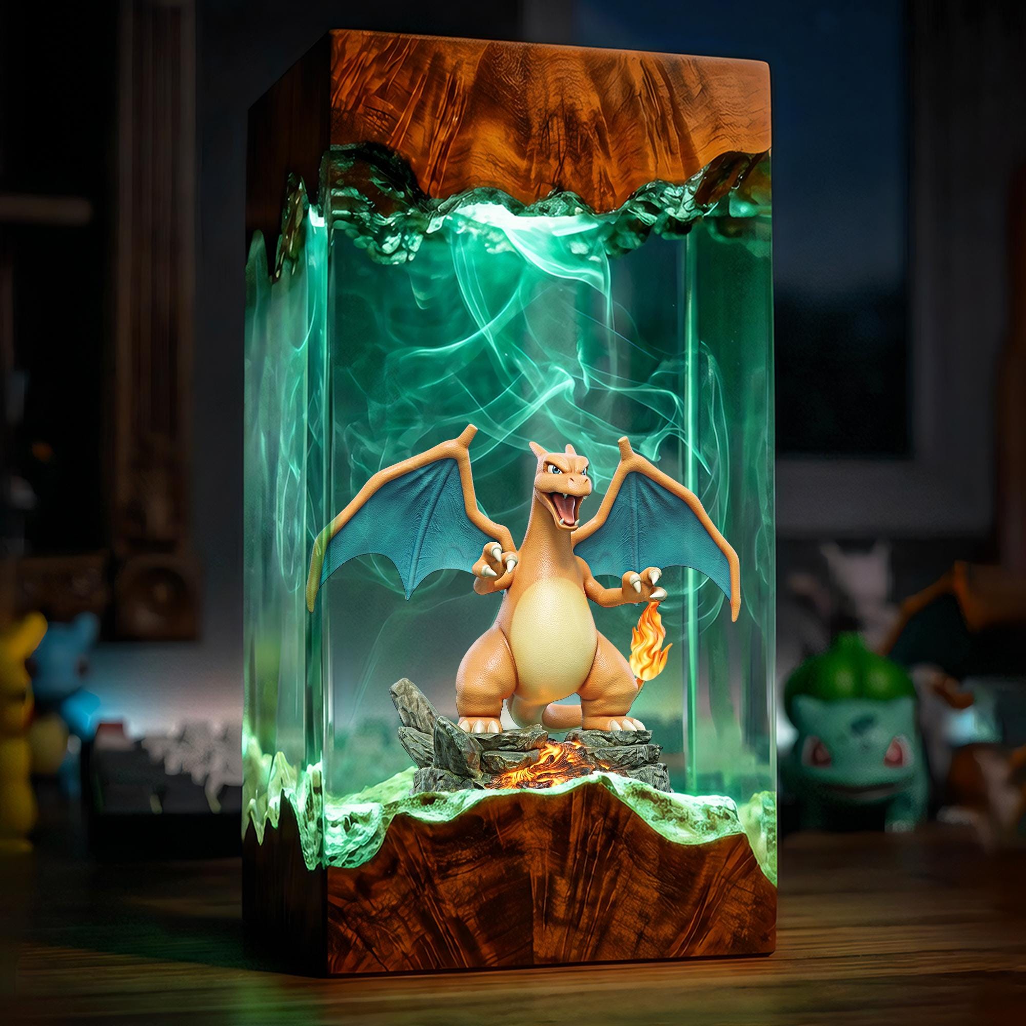 Charizard Epoxy Resin Lamp Pokemon Resin Wood Night Light Custom Handmade Gaming Decor Anime Diorama Light Unique Geek Birthday Gif-4