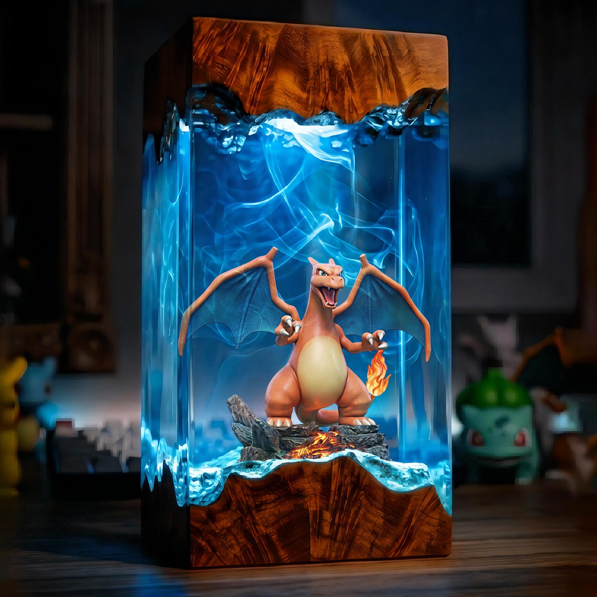 Charizard Epoxy Resin Lamp Pokemon Resin Wood Night Light Custom Handmade Gaming Decor Anime Diorama Light Unique Geek Birthday Gif-5
