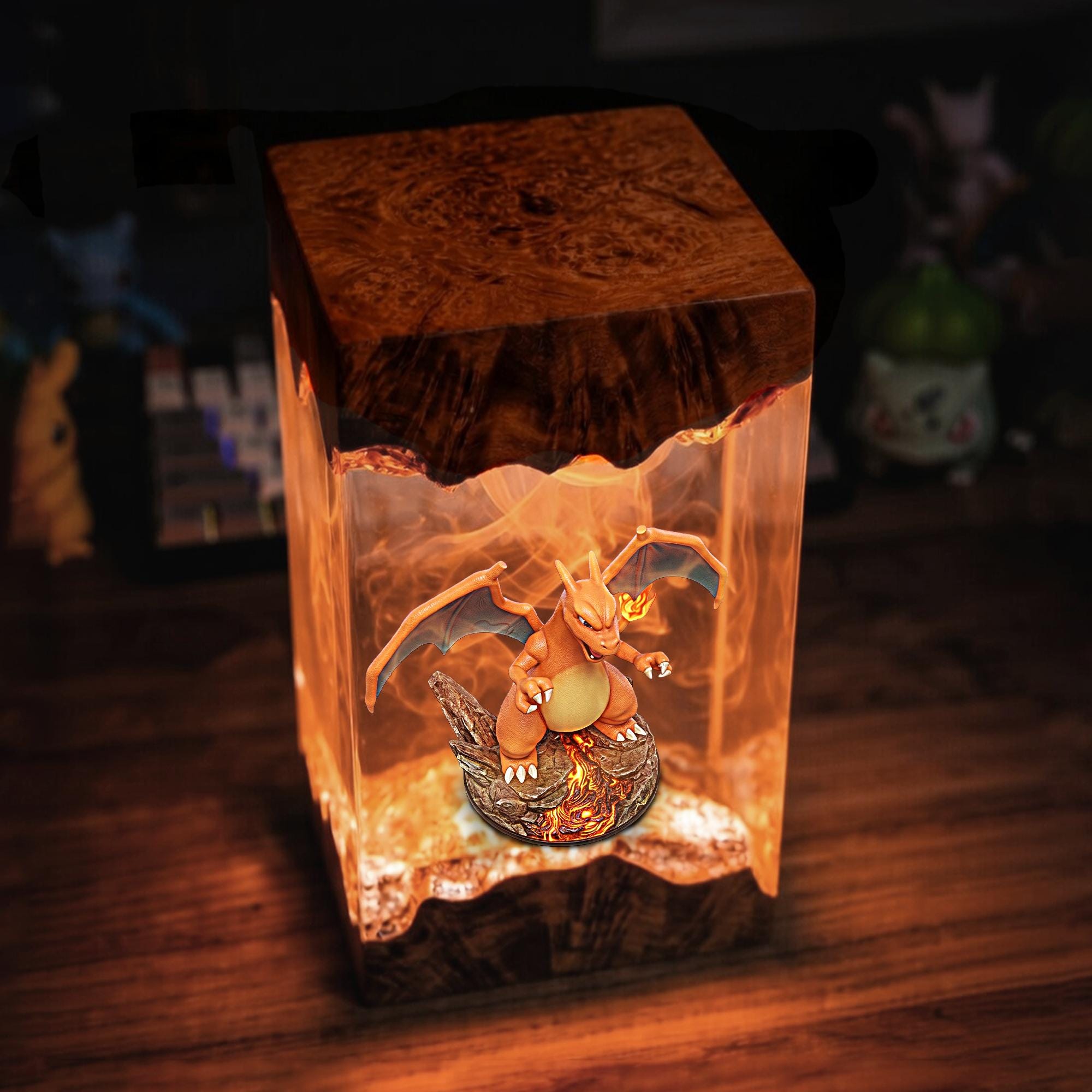 Charizard Epoxy Resin Lamp Pokemon Resin Wood Night Light Custom Handmade Gaming Decor Anime Diorama Light Unique Geek Birthday Gif-6