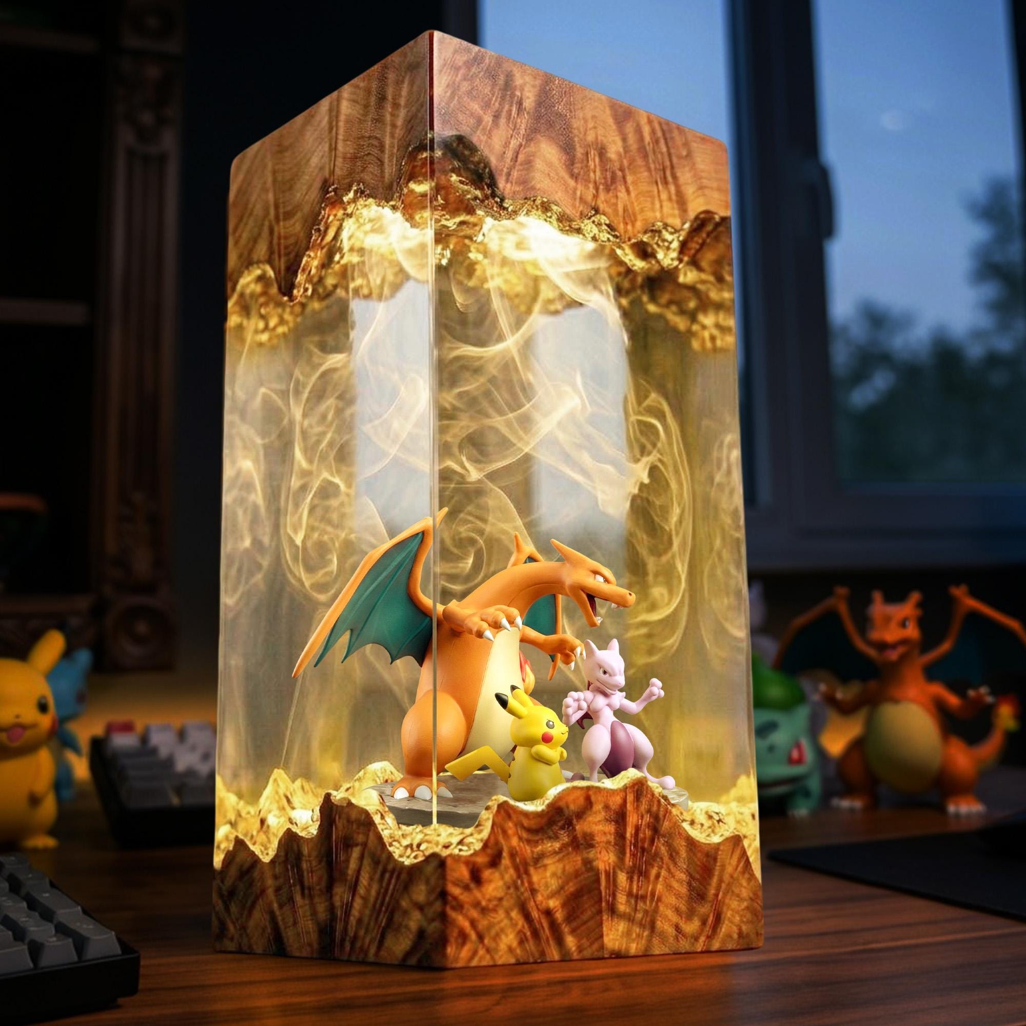 Charizard Resin Lamp Pikachu Pokemon Epoxy Diorama Night Light Meotwo Gaming Room Display Halloween Gift Table Lamp-3