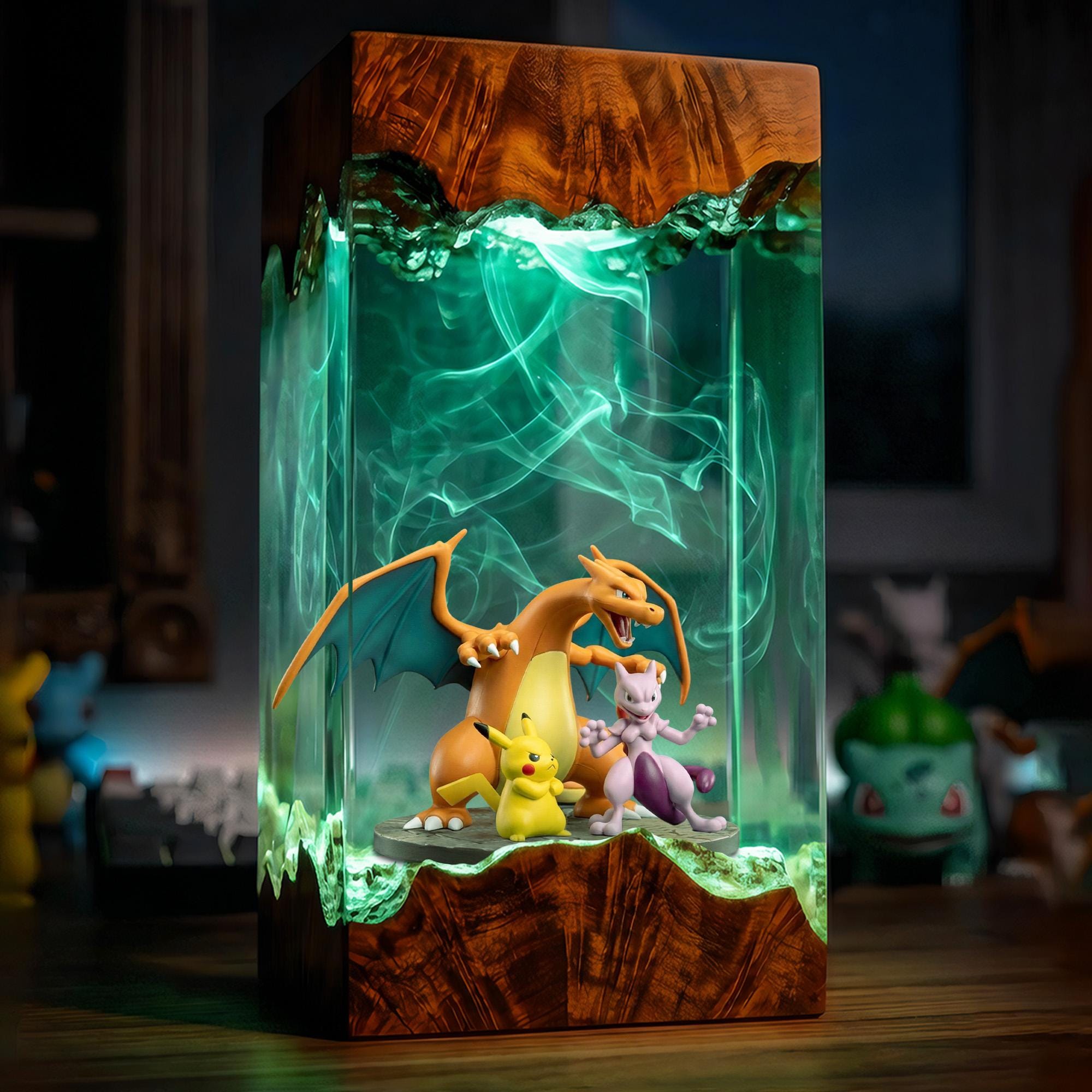 Charizard Resin Lamp Pikachu Pokemon Epoxy Diorama Night Light Meotwo Gaming Room Display Halloween Gift Table Lamp-4
