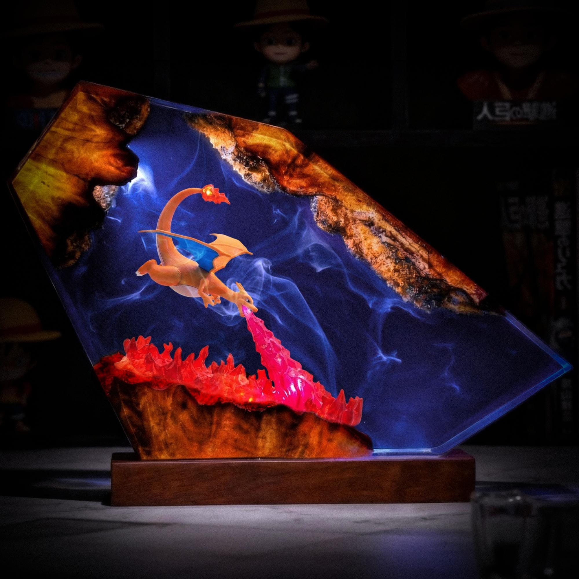 Charizard Resin Lamp Pokemon Epoxy Wood Led Night Light Fire Breathing Dragon Desk Decor Anime Gamer Gift For Him Gaming Decor-10