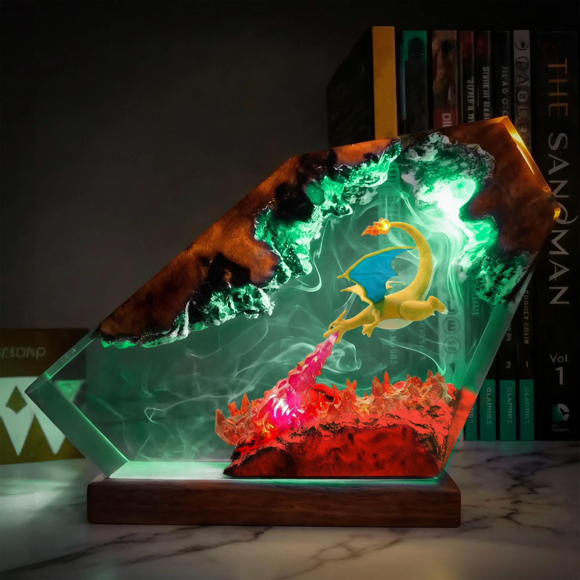 Charizard Resin Lamp Pokemon Epoxy Wood Led Night Light Fire Breathing Dragon Desk Decor Anime Gamer Gift For Him Gaming Decor-2