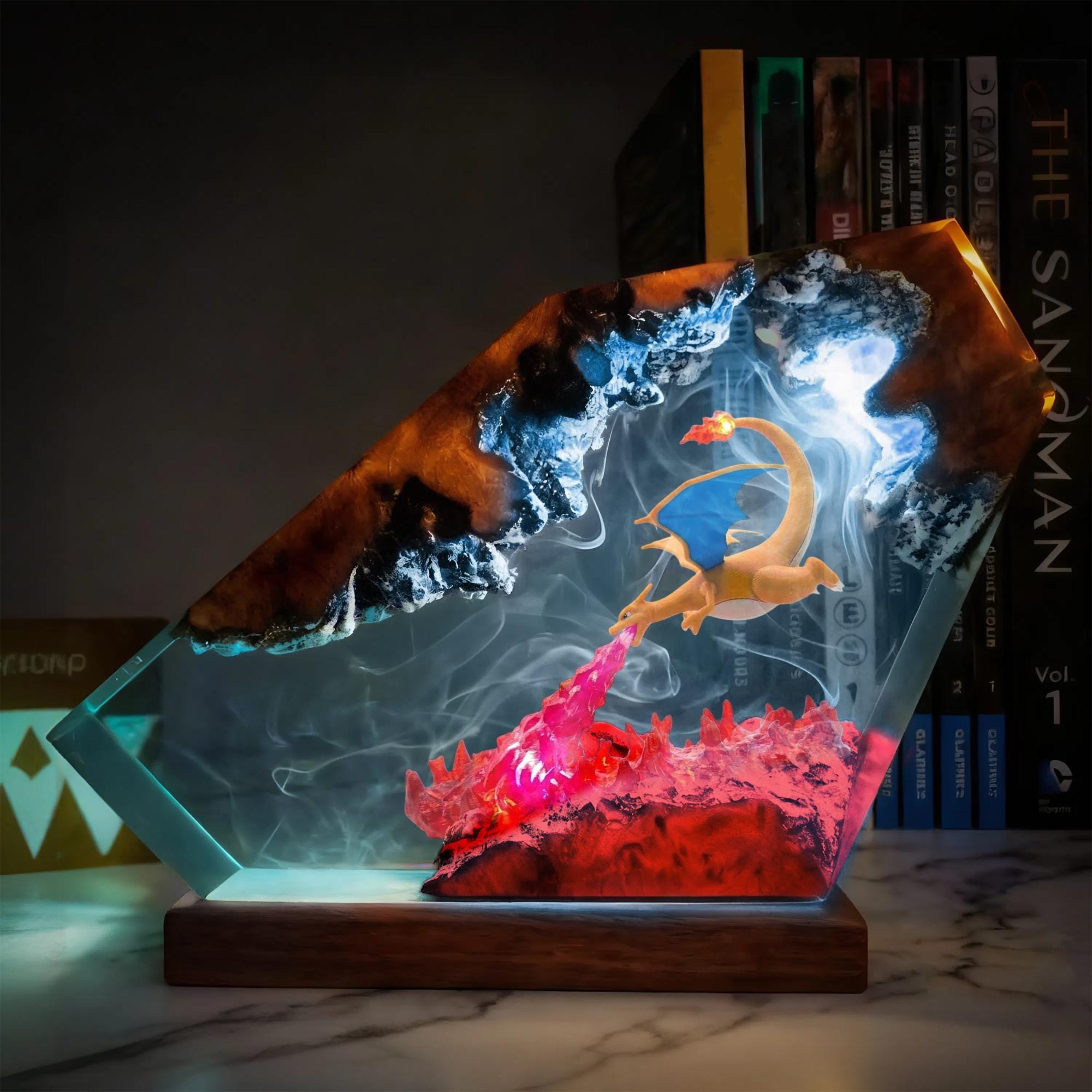 Charizard Resin Lamp Pokemon Epoxy Wood Led Night Light Fire Breathing Dragon Desk Decor Anime Gamer Gift For Him Gaming Decor-3