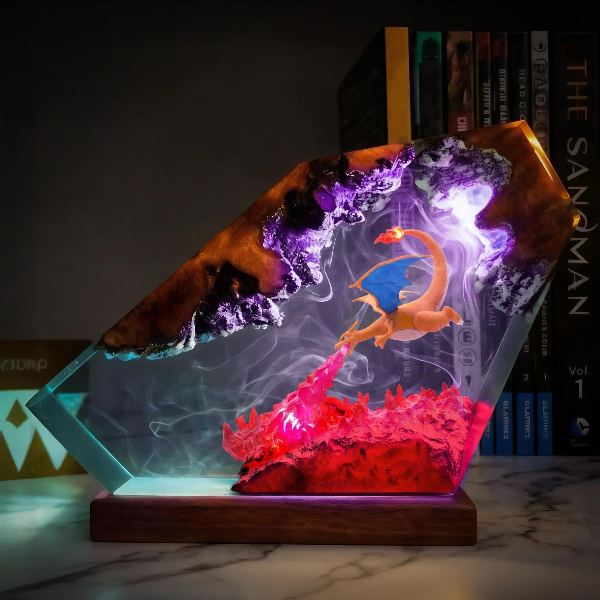 Charizard Resin Lamp Pokemon Epoxy Wood Led Night Light Fire Breathing Dragon Desk Decor Anime Gamer Gift For Him Gaming Decor-4