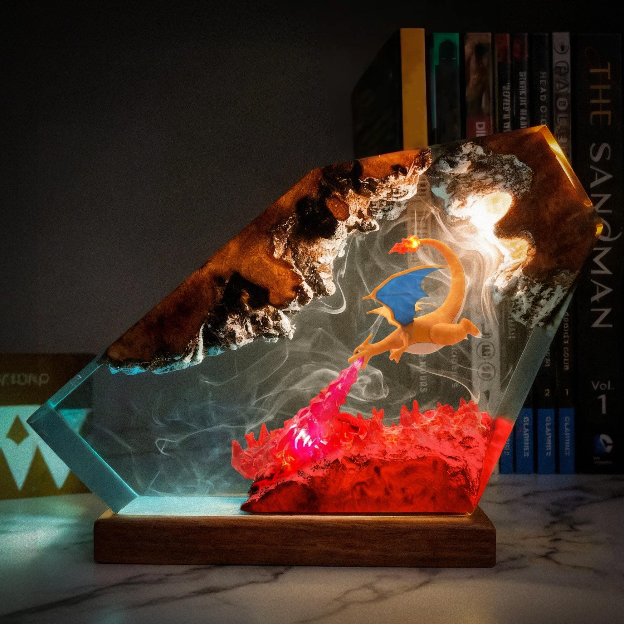 Charizard Resin Lamp Pokemon Epoxy Wood Led Night Light Fire Breathing Dragon Desk Decor Anime Gamer Gift For Him Gaming Decor-5
