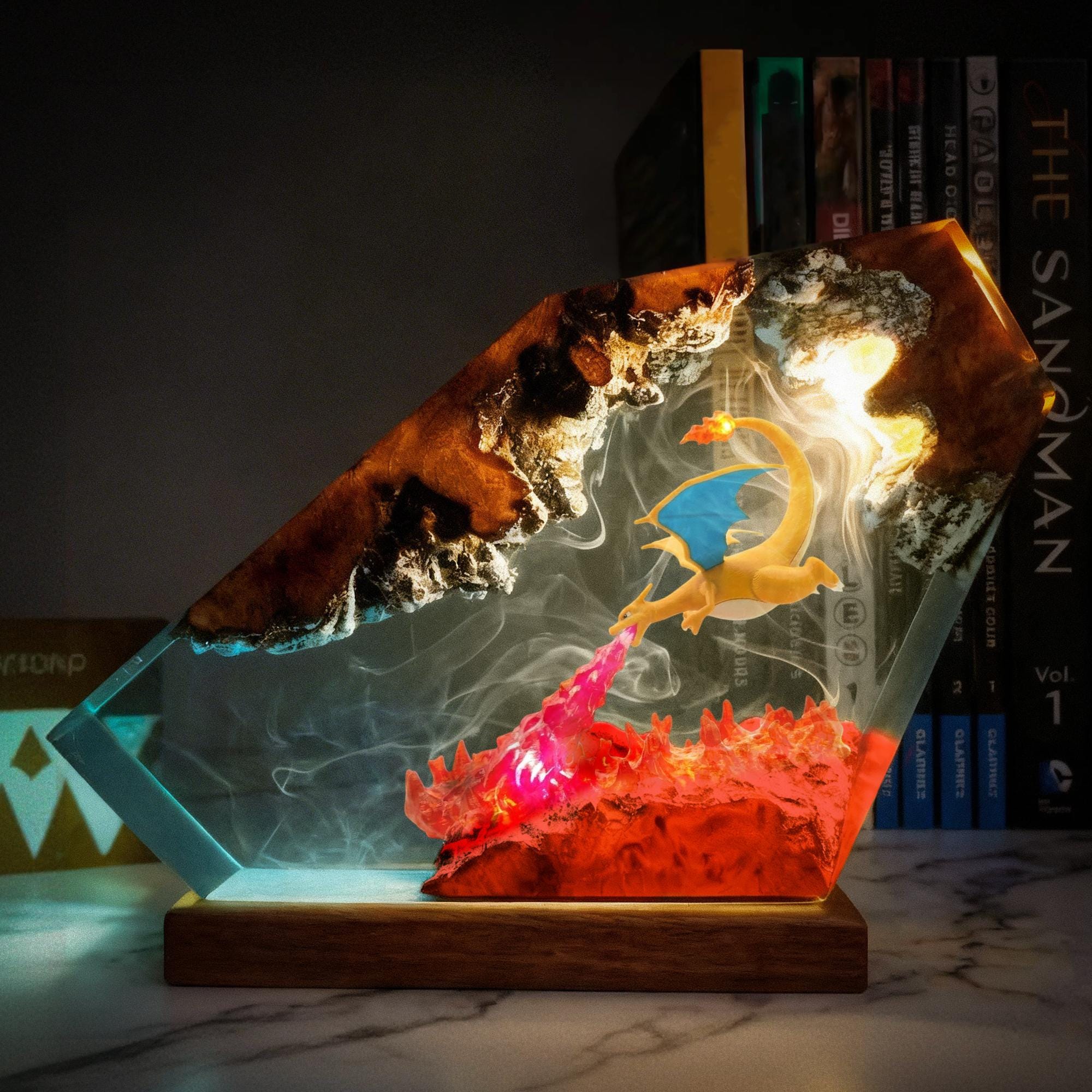 Charizard Resin Lamp Pokemon Epoxy Wood Led Night Light Fire Breathing Dragon Desk Decor Anime Gamer Gift For Him Gaming Decor-6
