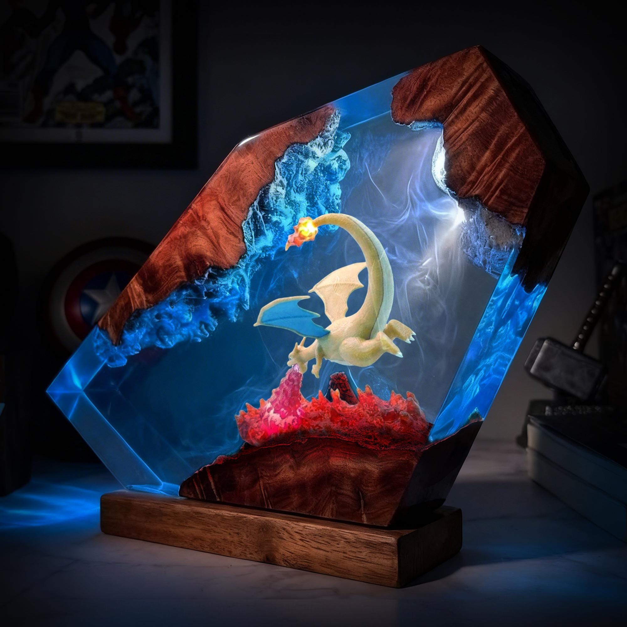 Charizard Resin Lamp Pokemon Epoxy Wood Led Night Light Fire Breathing Dragon Desk Decor Anime Gamer Gift For Him Gaming Decor-7