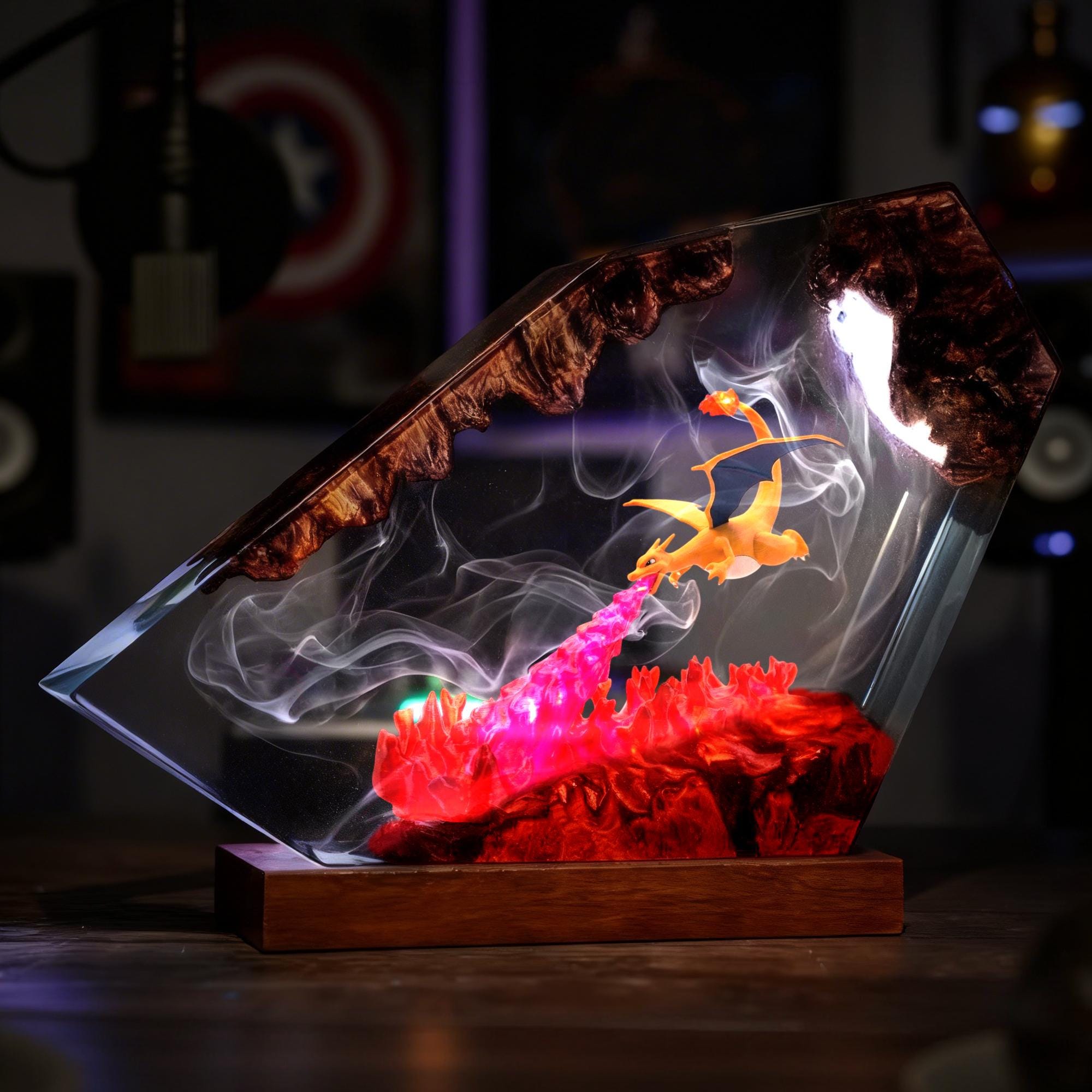 Charizard Resin Lamp Pokemon Epoxy Wood Led Night Light Fire Breathing Dragon Desk Decor Anime Gamer Gift For Him Gaming Decor-8