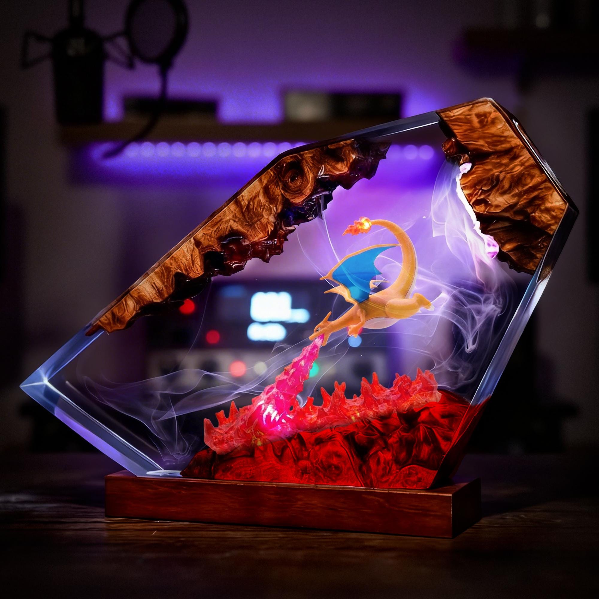 Charizard Resin Lamp Pokemon Epoxy Wood Led Night Light Fire Breathing Dragon Desk Decor Anime Gamer Gift For Him Gaming Decor-9
