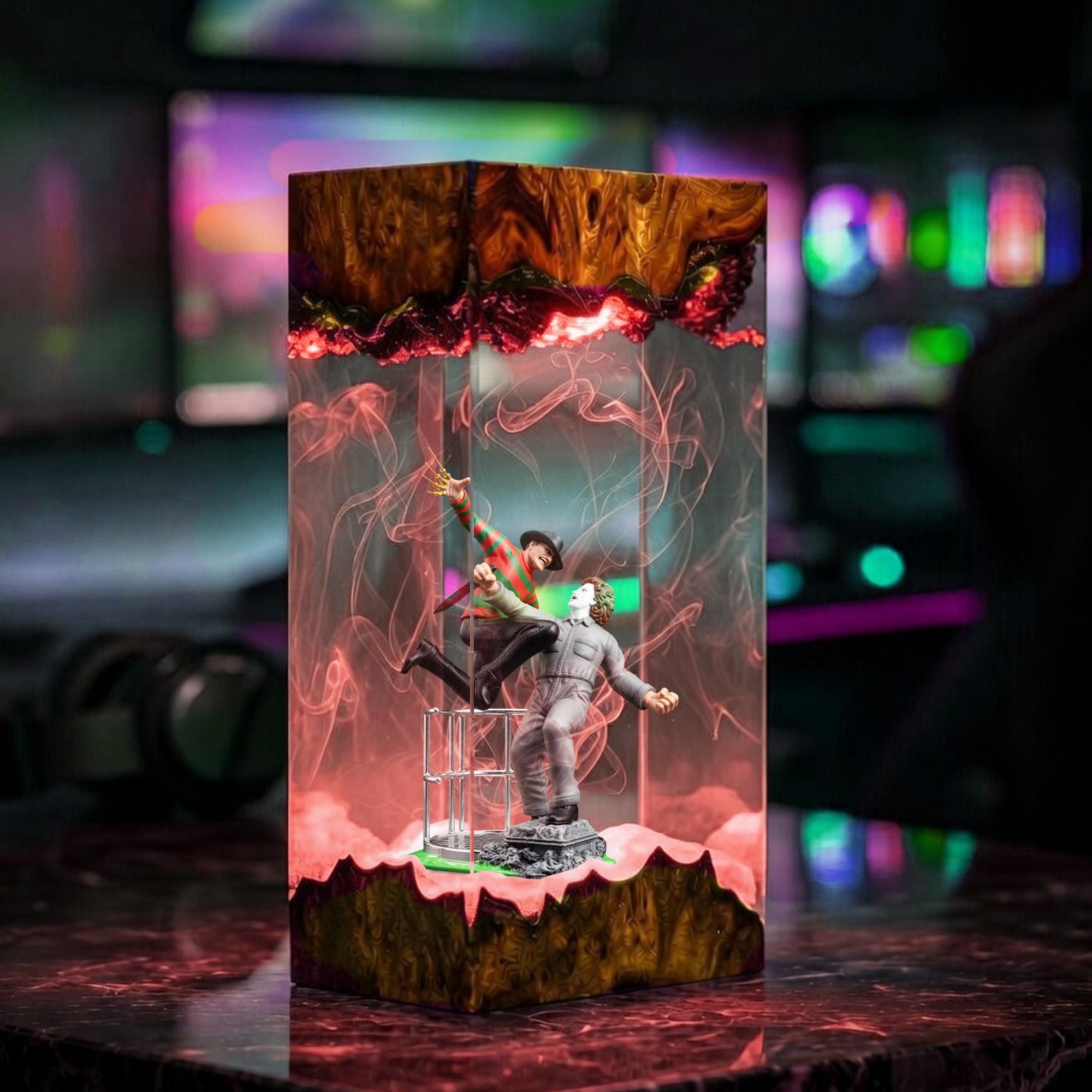 Freddy Krueger Vs Michael Myers Resin Lamp Horror Movie Diorama Light Epoxy Wood Night Light Halloween Decor Horror Fan Gift Art-3