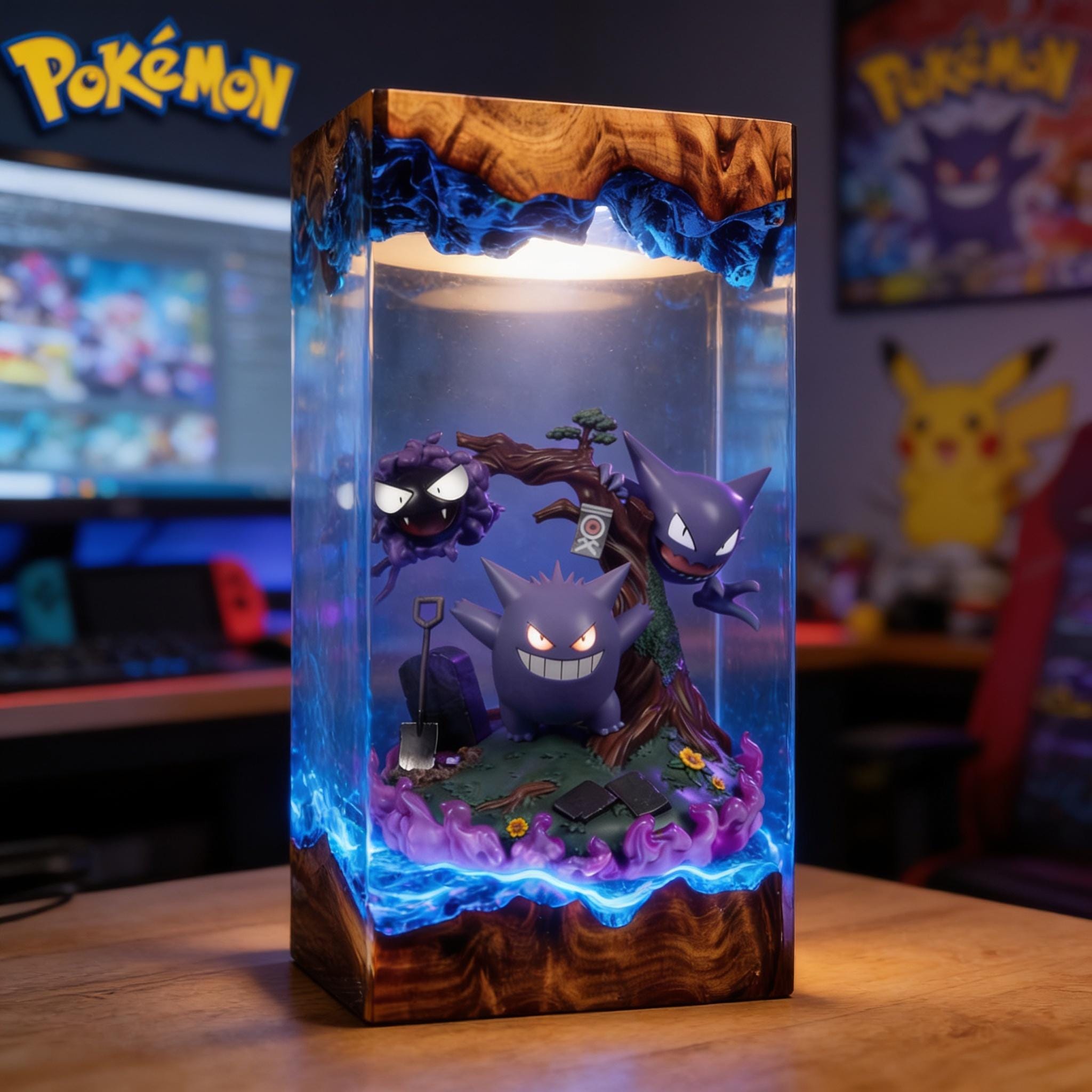 Gengar Resin Lamp Purple Ghost Pokemon Night Light Custom Wood Epoxy Lamp Anime Diorama Gamer Room Decor Pokemon Figure Collection-2