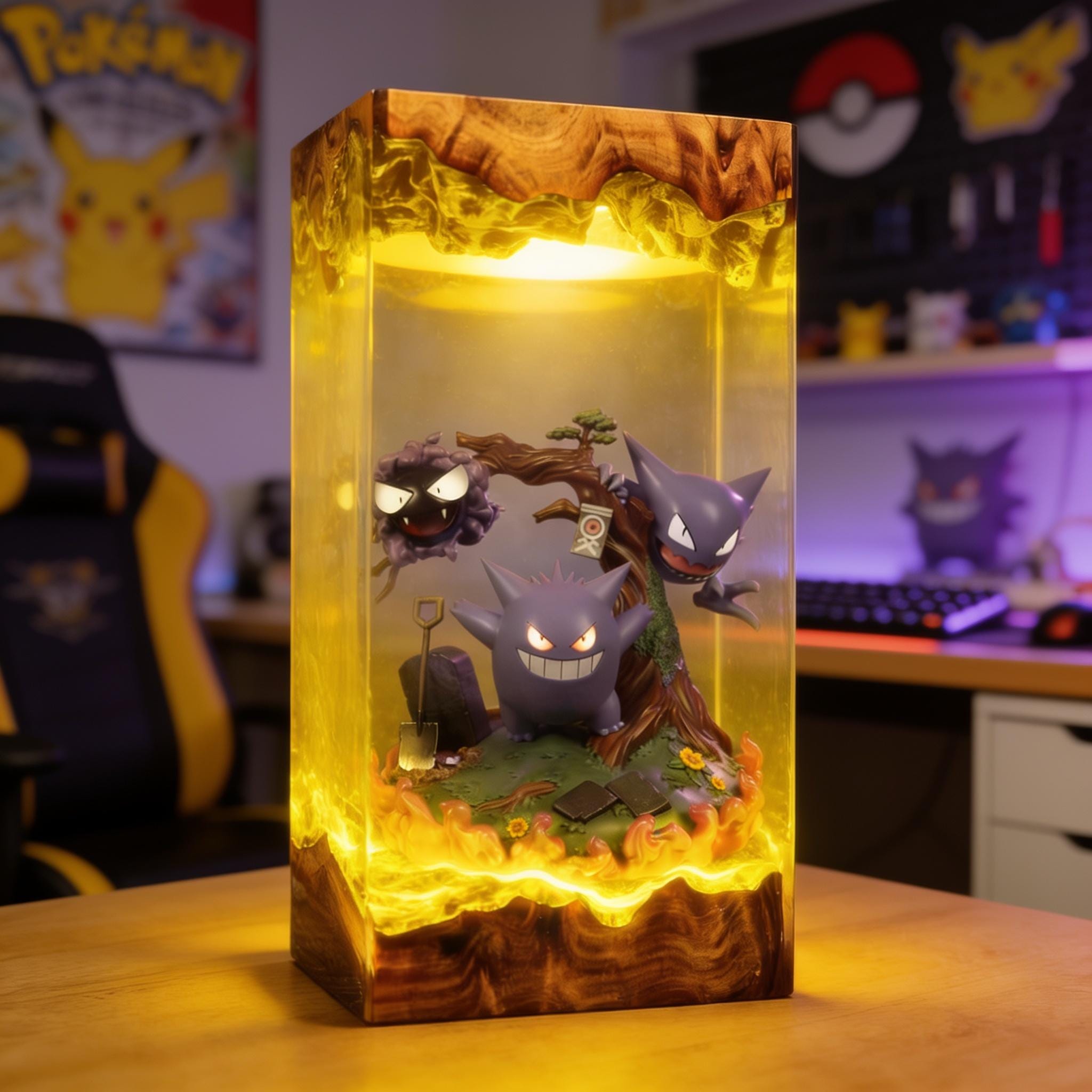 Gengar Resin Lamp Purple Ghost Pokemon Night Light Custom Wood Epoxy Lamp Anime Diorama Gamer Room Decor Pokemon Figure Collection-5