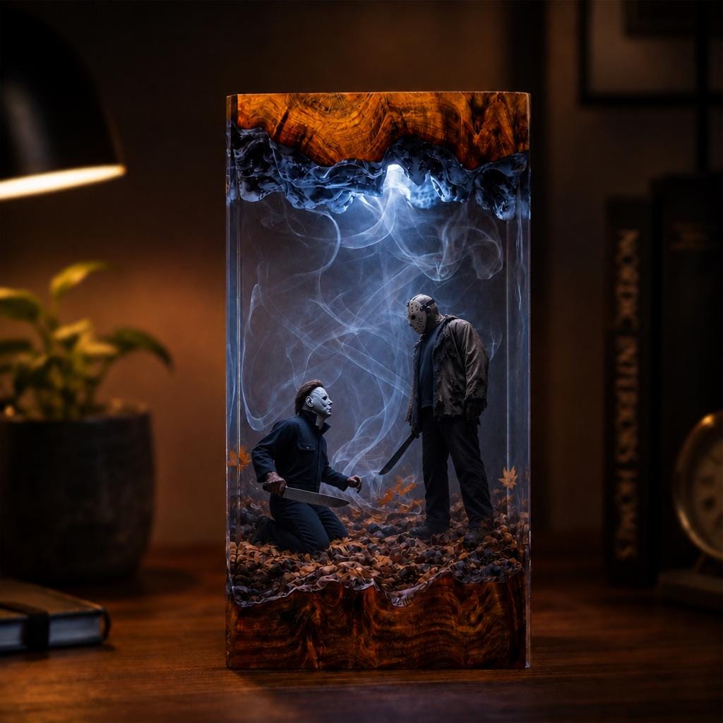 Halloween Resin Lamp Horror Movie Diorama Light Epoxy Wood Night Light Halloween Decor Spooky Gift Collectible Art-2