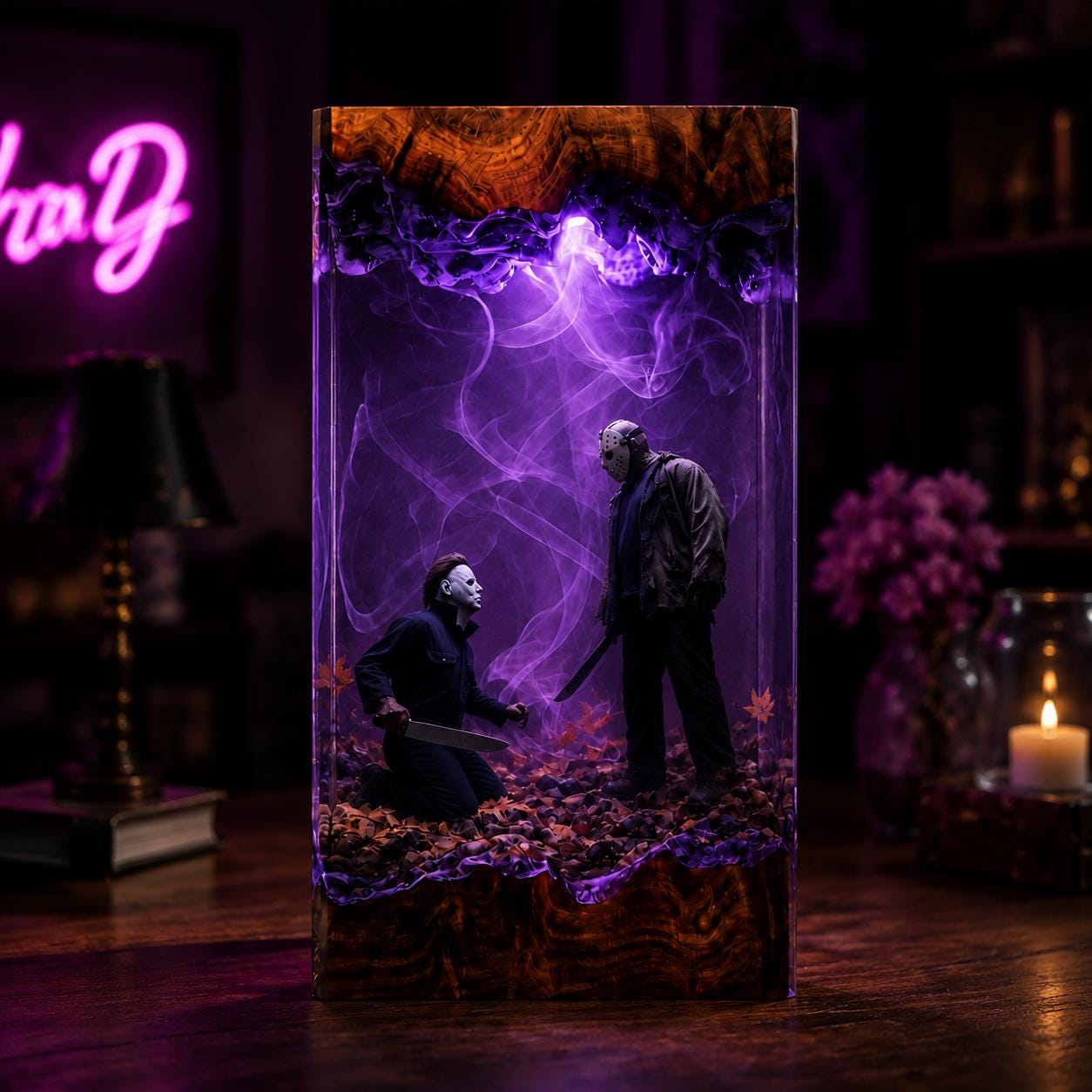 Halloween Resin Lamp Horror Movie Diorama Light Epoxy Wood Night Light Halloween Decor Spooky Gift Collectible Art-5