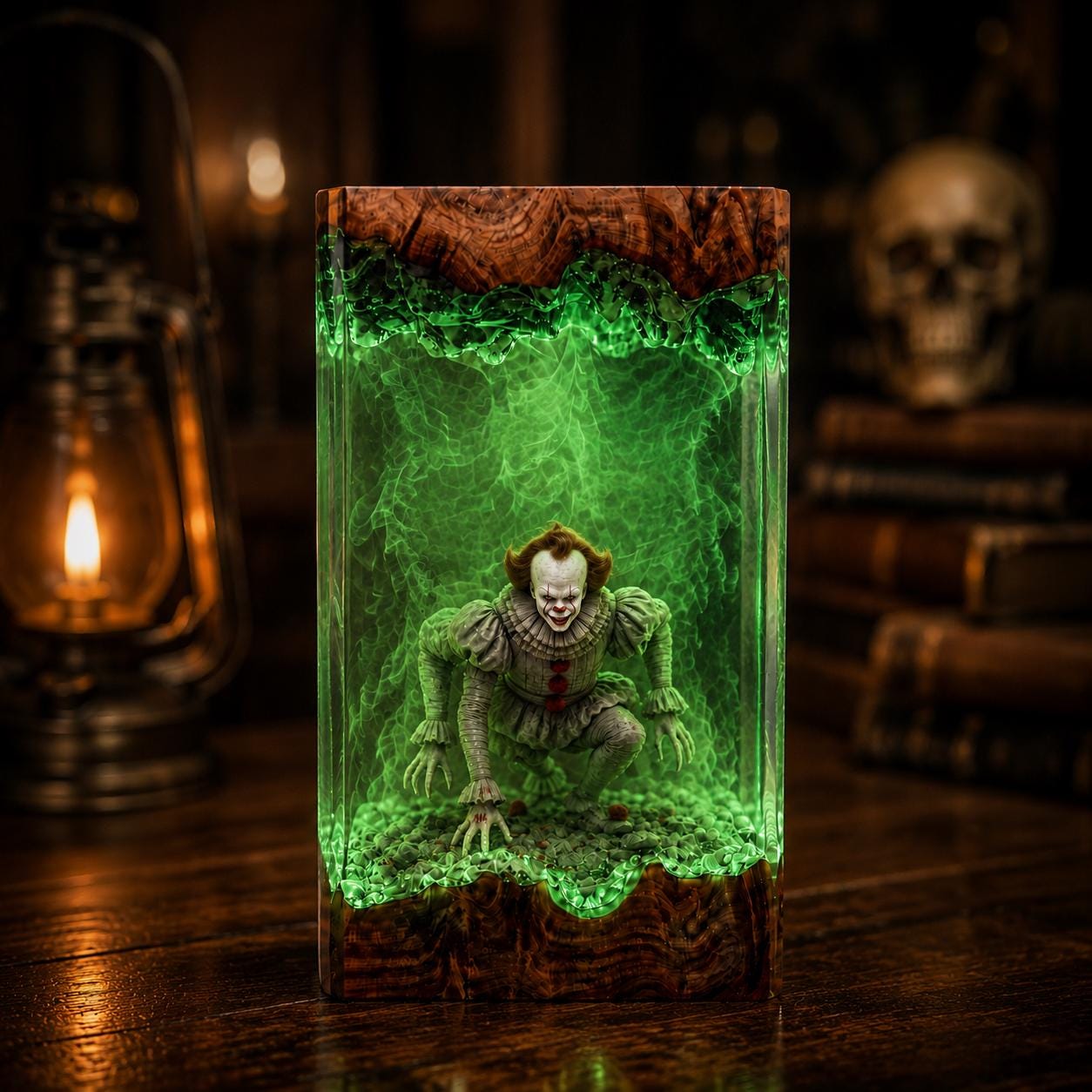 Halloween Resin Lamp Pennywise It Clown Diorama Night Light Epoxy Wood Craft Horror Movie Decor Spooky Gift Collectible Art Piece-3
