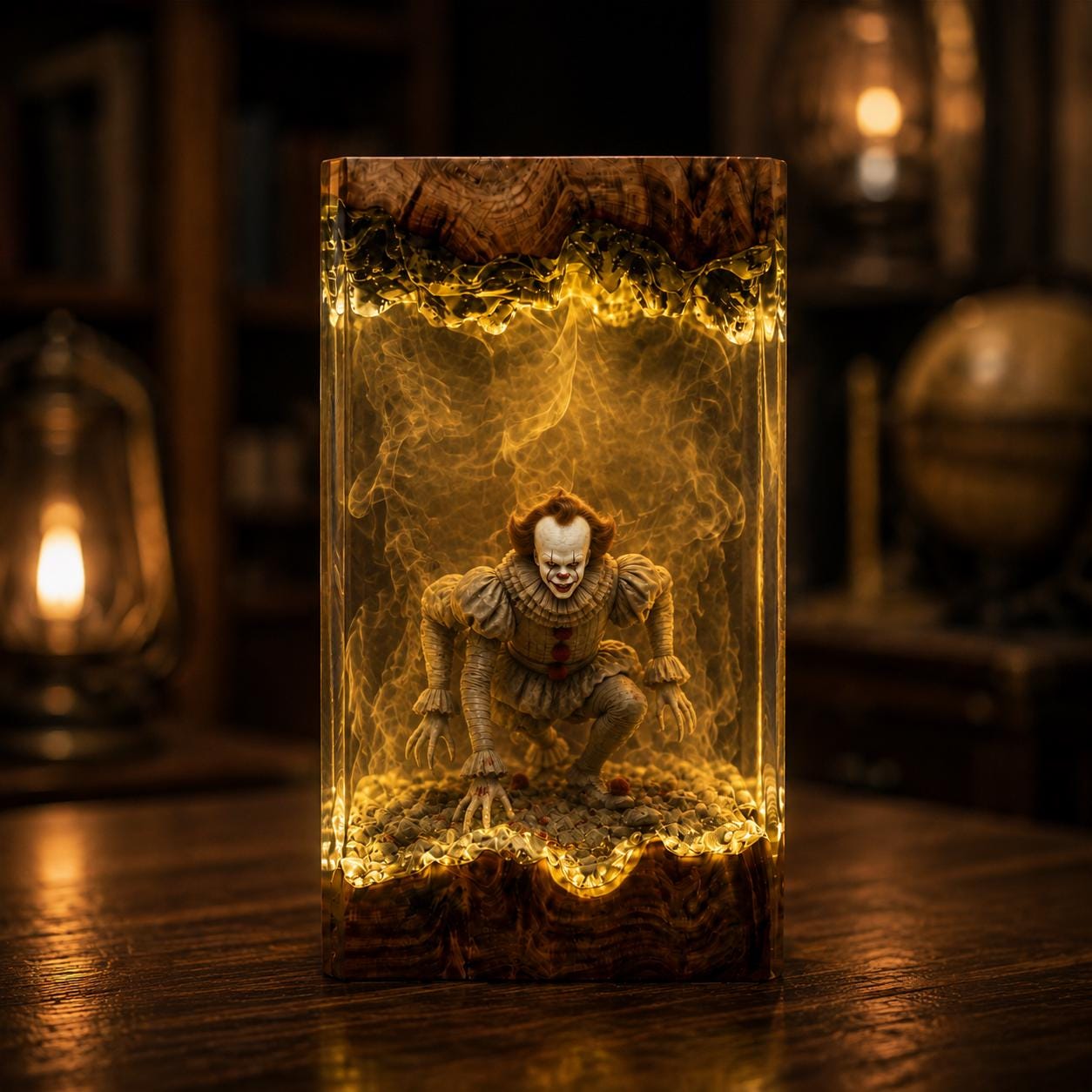 Halloween Resin Lamp Pennywise It Clown Diorama Night Light Epoxy Wood Craft Horror Movie Decor Spooky Gift Collectible Art Piece-4