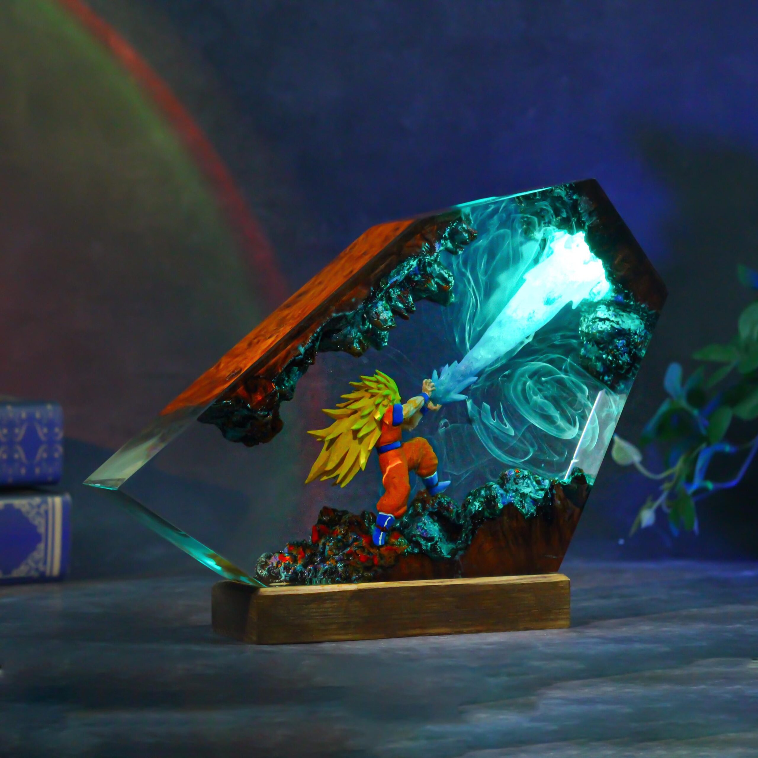 Handmade Resin Warrior Lamp Led Glowing Sculpture With Wood Base-1