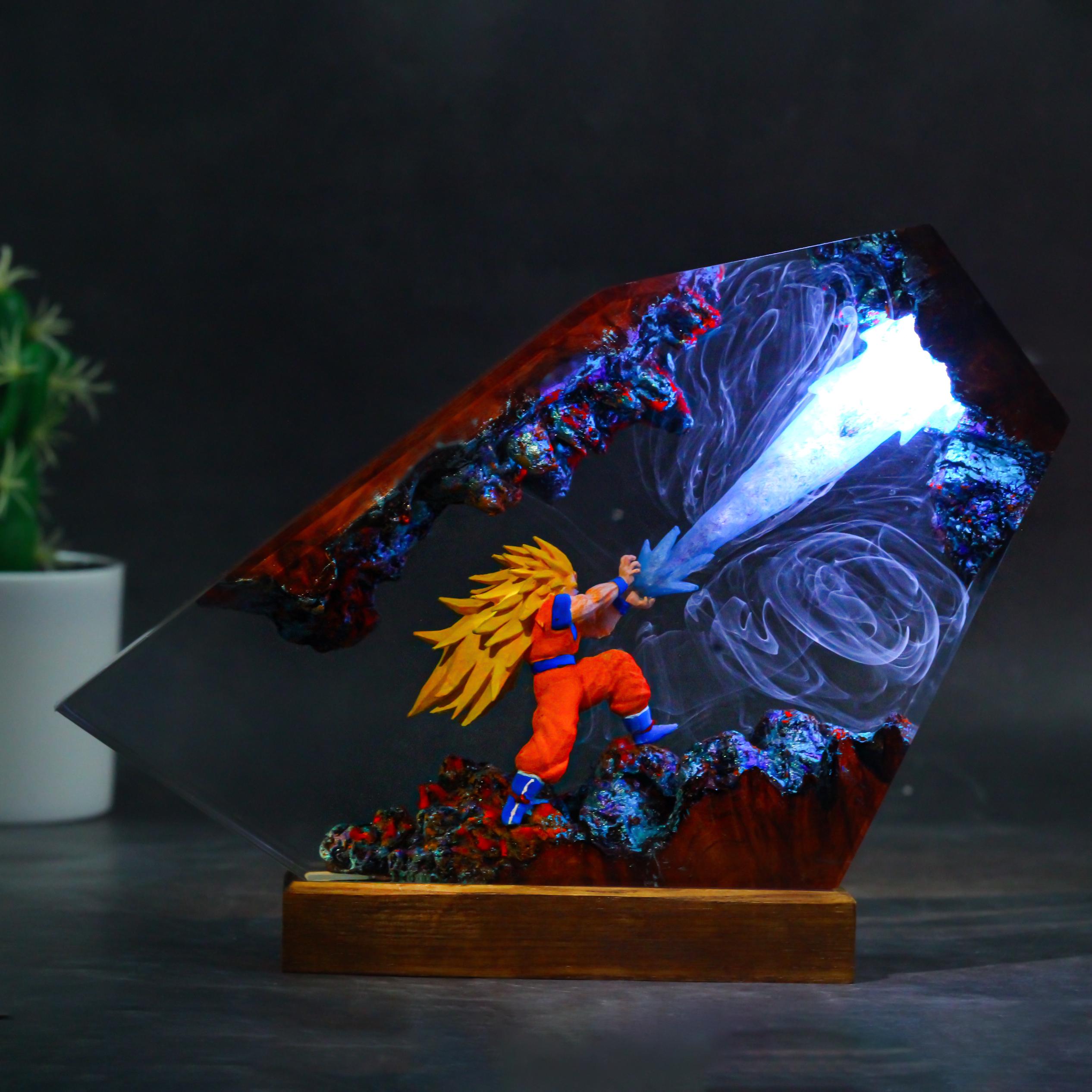 Handmade Resin Warrior Lamp Led Glowing Sculpture With Wood Base-2