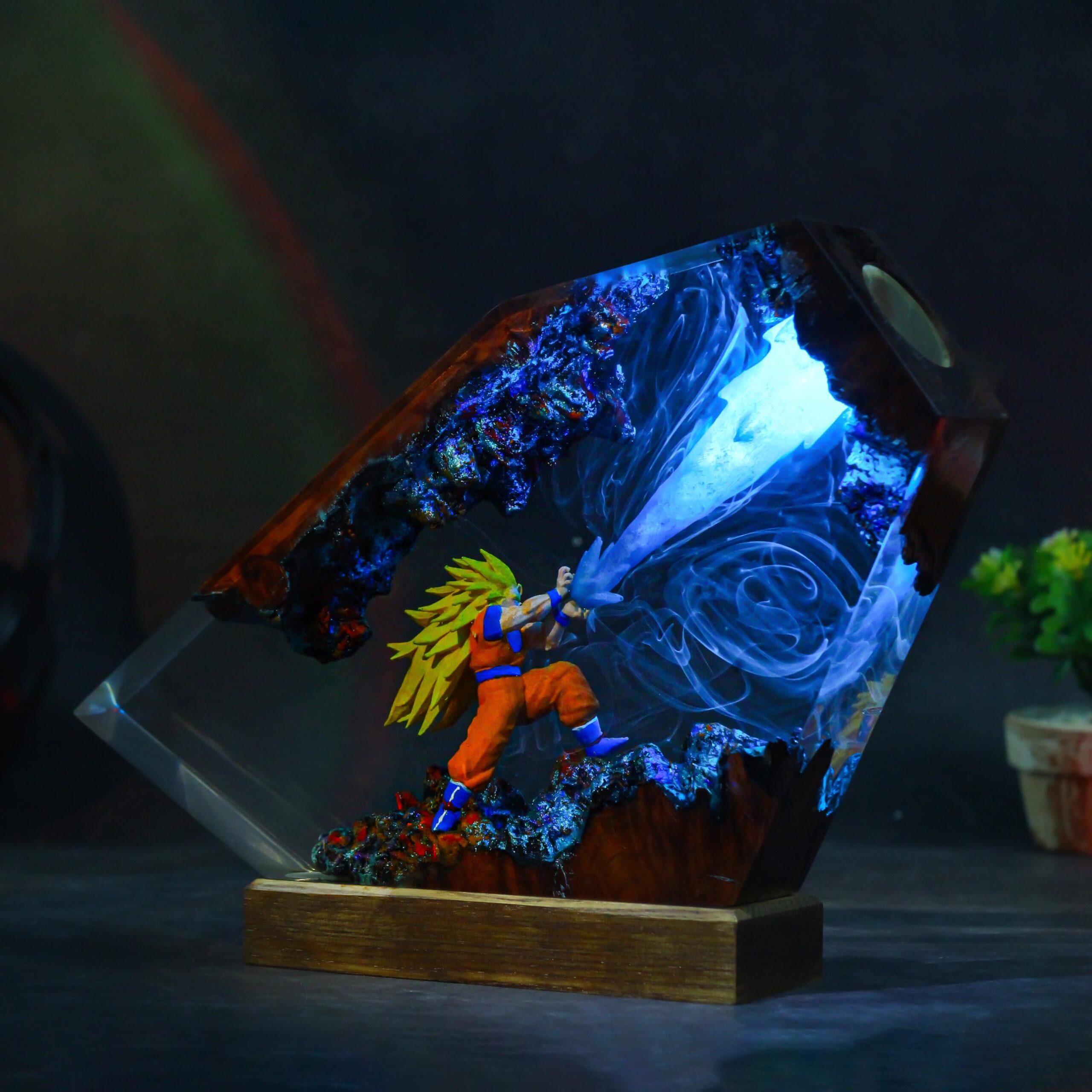Handmade Resin Warrior Lamp Led Glowing Sculpture With Wood Base-3