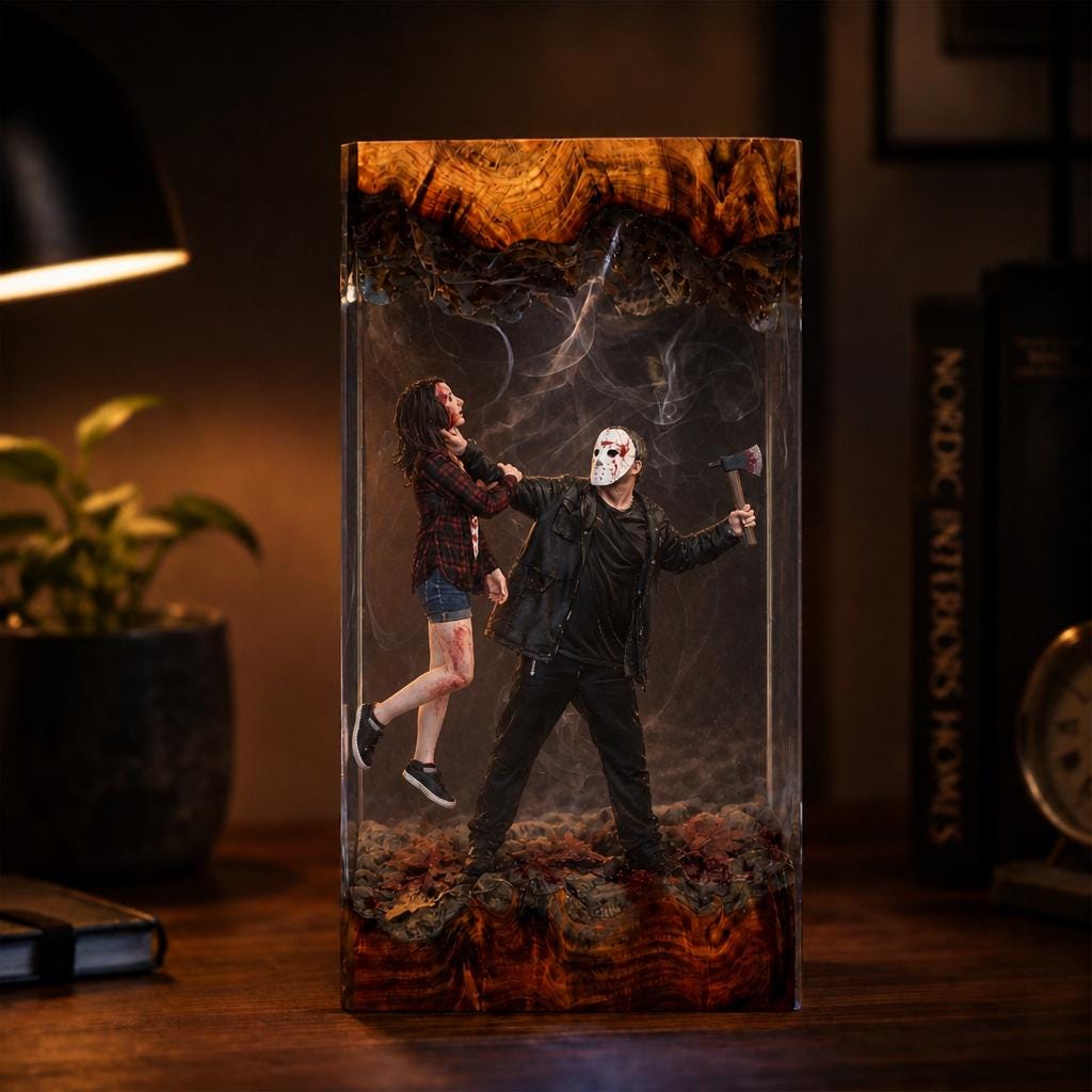 Jason Voorhees Resin Lamp Friday The 13th Diorama Light Epoxy Wood Night Light Halloween Decor Spooky Gift Collectible Art Piece-2