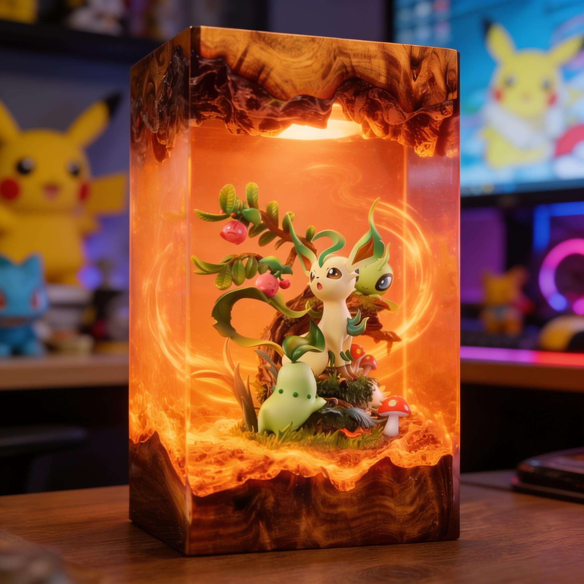Leafeon Forest Resin Lamp Pokemon Epoxy Wood Night Light Custom Handmade Gaming Decor Anime Diorama Light Birthday Gift-3