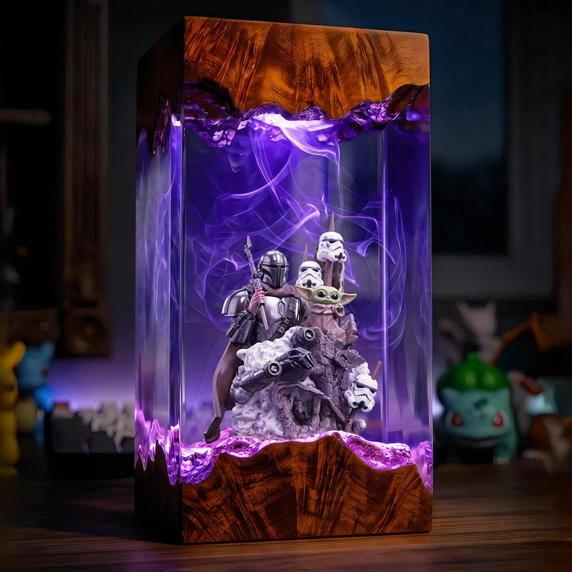 Mandalorian Resin Lamp Star Wars Epoxy Wood Night Light Custom Handmade Gaming Decor Sci-fi Diorama Light Unique Geek Birthday Gift-1
