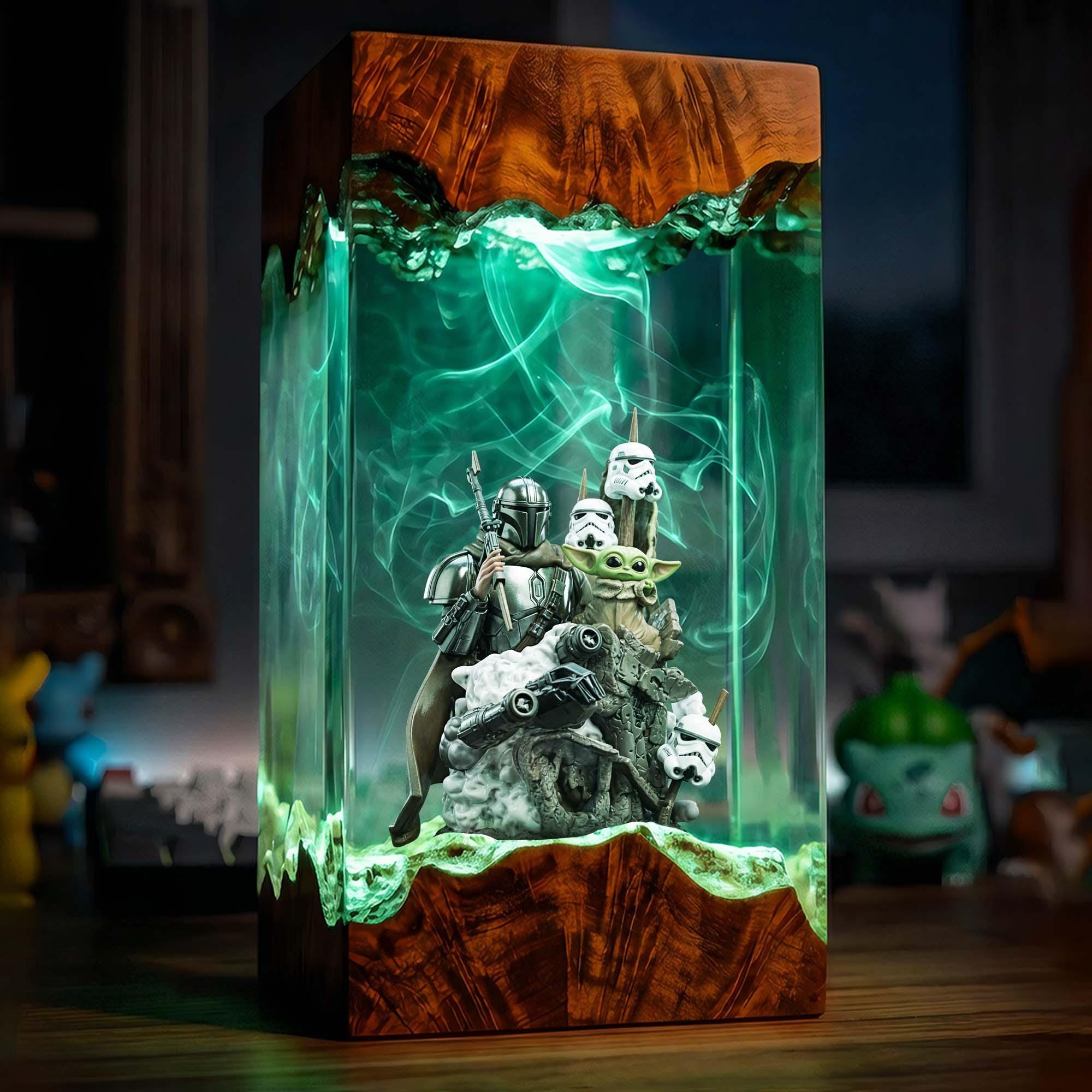 Mandalorian Resin Lamp Star Wars Epoxy Wood Night Light Custom Handmade Gaming Decor Sci-fi Diorama Light Unique Geek Birthday Gift-2