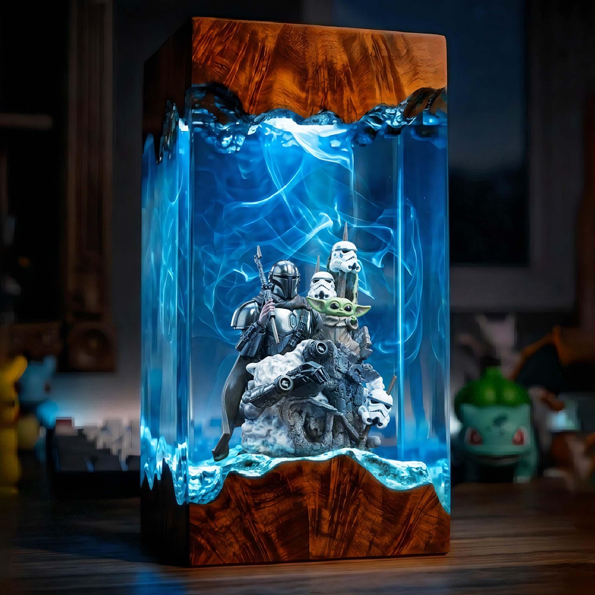 Mandalorian Resin Lamp Star Wars Epoxy Wood Night Light Custom Handmade Gaming Decor Sci-fi Diorama Light Unique Geek Birthday Gift-4