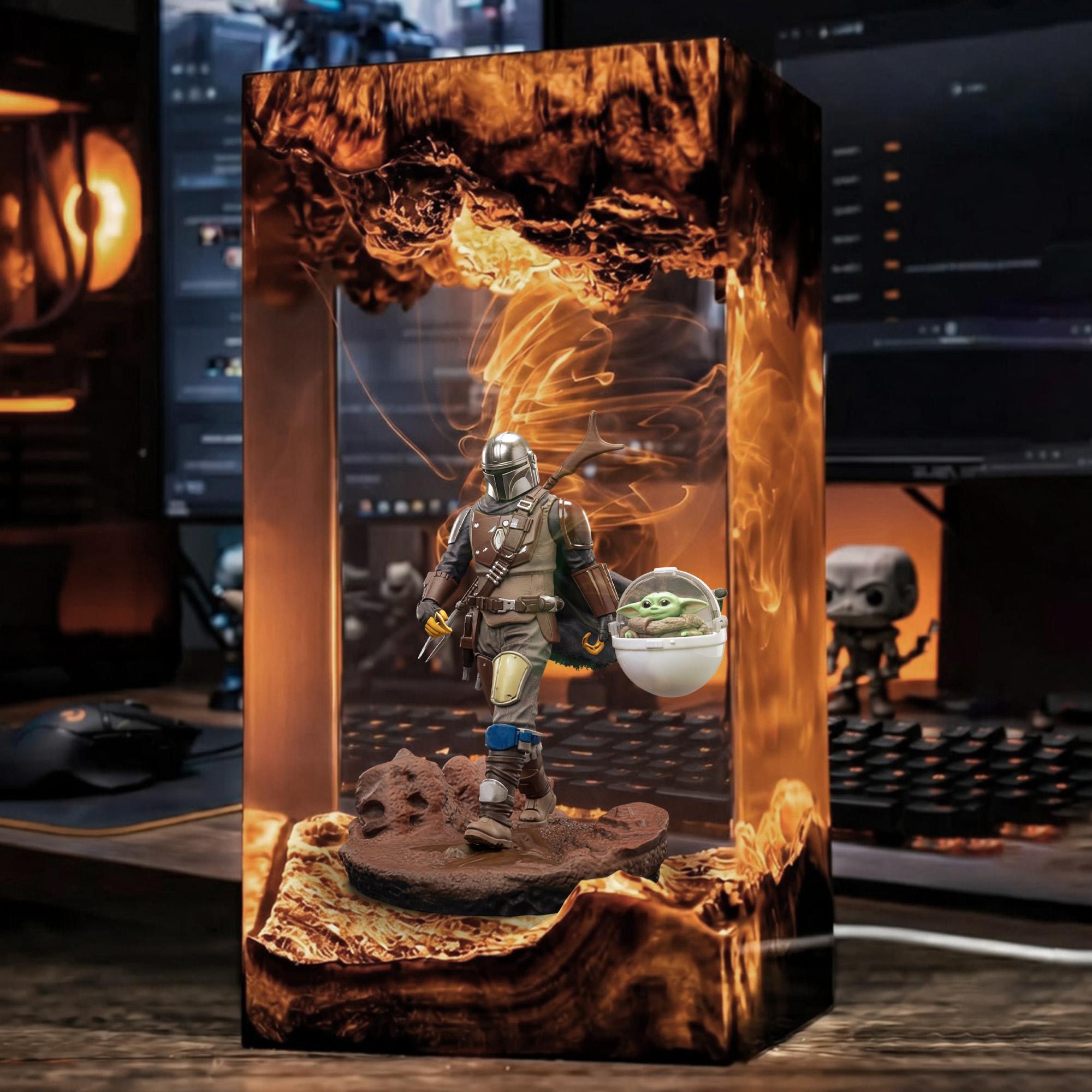 Mandalorian Resin Lamp Star Wars Grogu Diorama Light Epoxy Wood Night Light Sci-fi Gaming Decor Geek Gift Collectible Art Piece-2