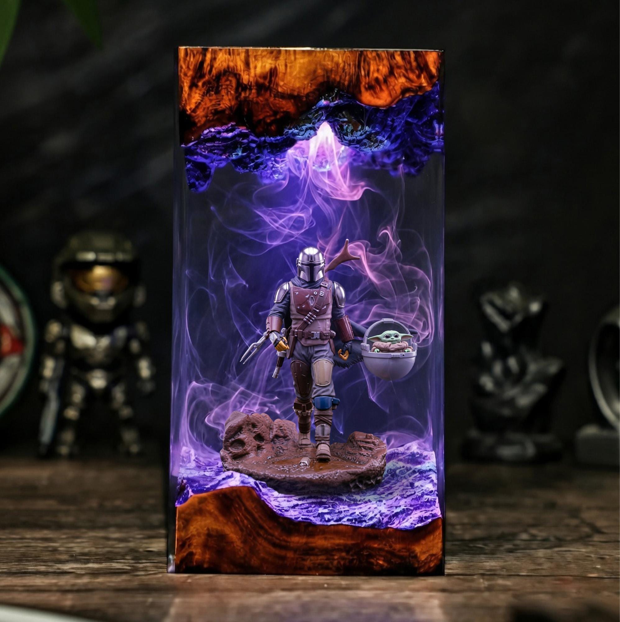Mandalorian Resin Lamp Star Wars Grogu Diorama Light Epoxy Wood Night Light Sci-fi Gaming Decor Geek Gift Collectible Art Piece-4