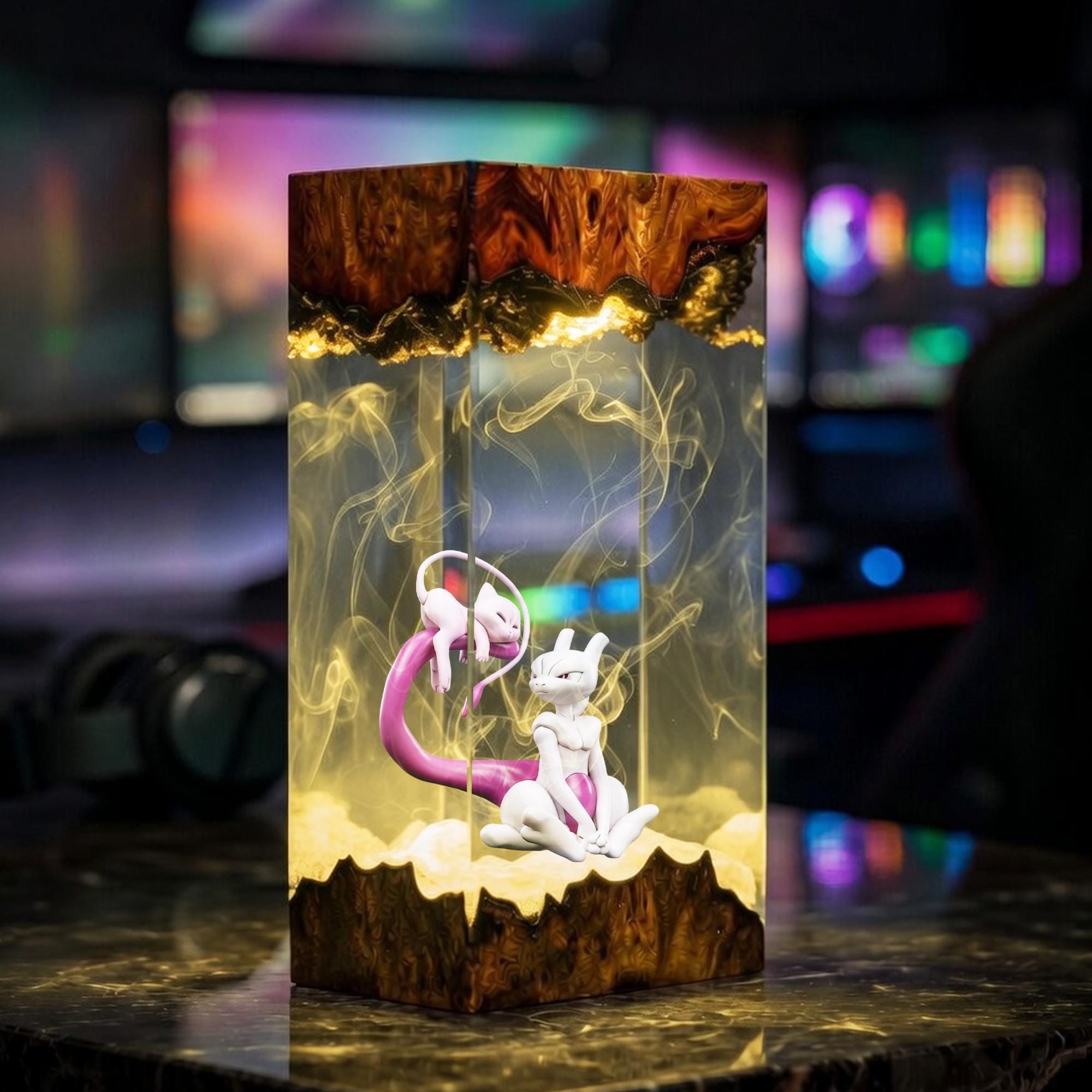 Mewtwo Mew Resin Wood Lamp Legendary Psychic Duo Epoxy Night Light Pokemon Ambient Led Desk Lamp Anime Gamer Gift-4