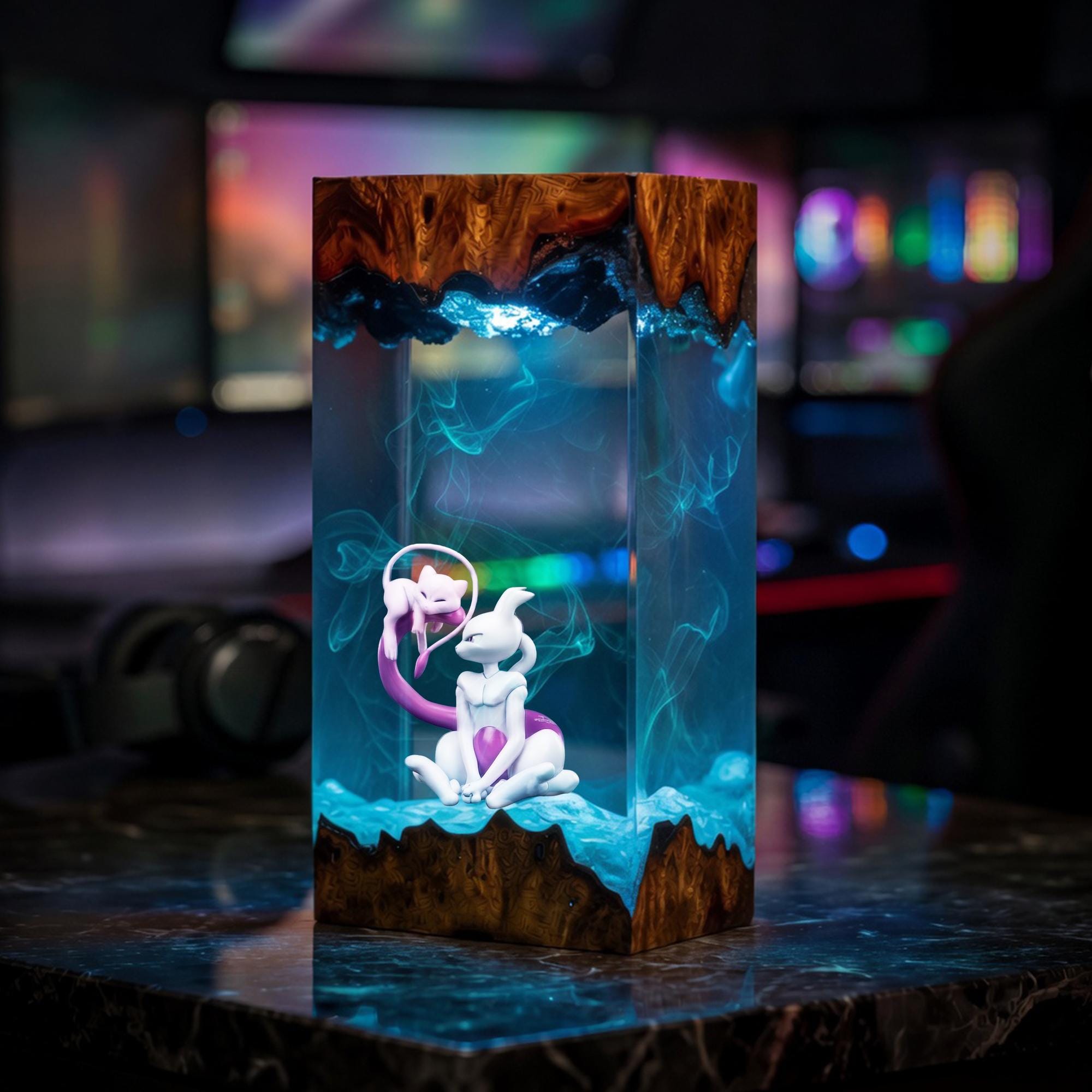 Mewtwo Mew Resin Wood Lamp Legendary Psychic Duo Epoxy Night Light Pokemon Ambient Led Desk Lamp Anime Gamer Gift-6