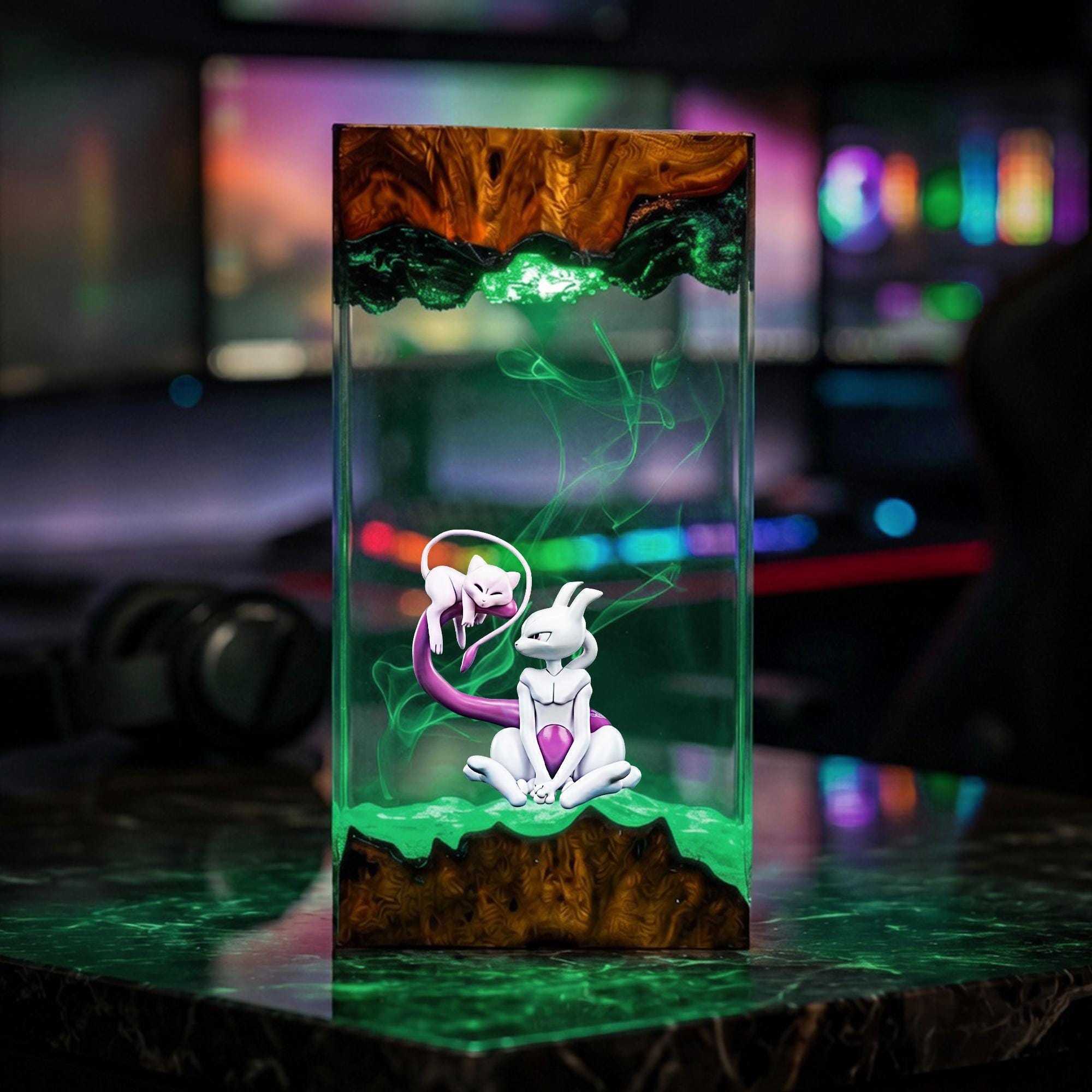 Mewtwo Mew Resin Wood Lamp Legendary Psychic Duo Epoxy Night Light Pokemon Ambient Led Desk Lamp Anime Gamer Gift-7