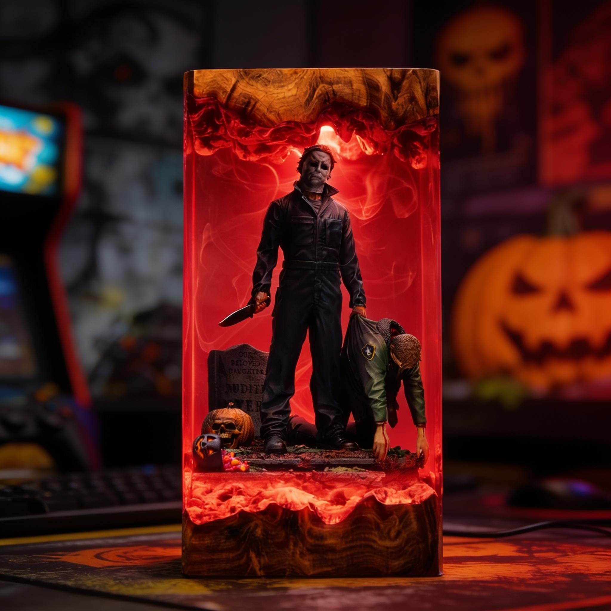 Michael Myers Resin Lamp Halloween Horror Epoxy Wood Night Light Custom Movie Diorama Handmade Desk Decor Birthday Gift-1