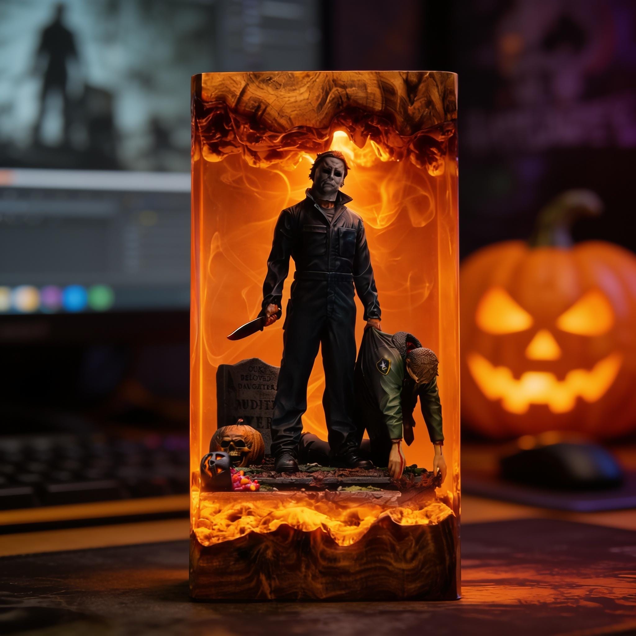 Michael Myers Resin Lamp Halloween Horror Epoxy Wood Night Light Custom Movie Diorama Handmade Desk Decor Birthday Gift-2