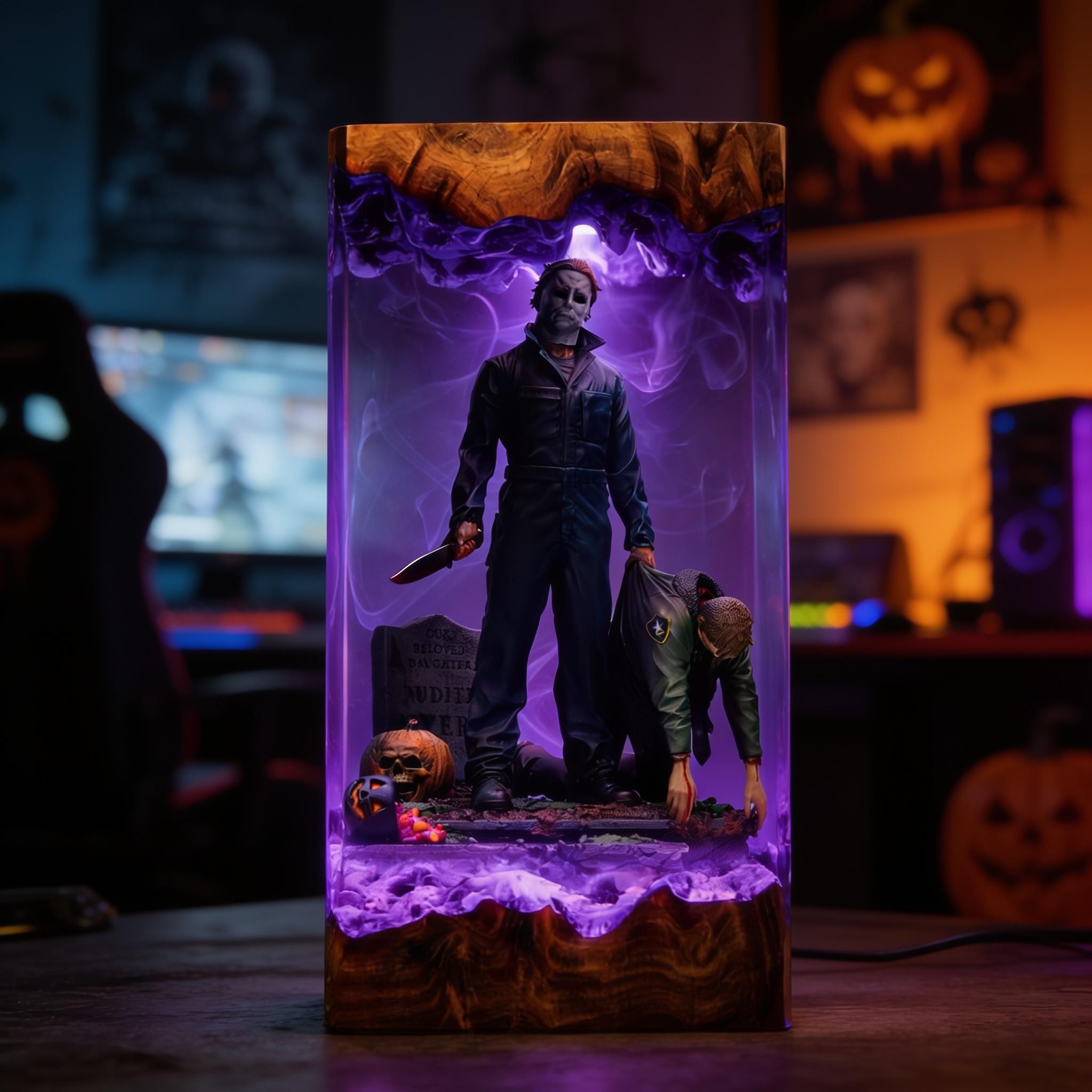 Michael Myers Resin Lamp Halloween Horror Epoxy Wood Night Light Custom Movie Diorama Handmade Desk Decor Birthday Gift-3