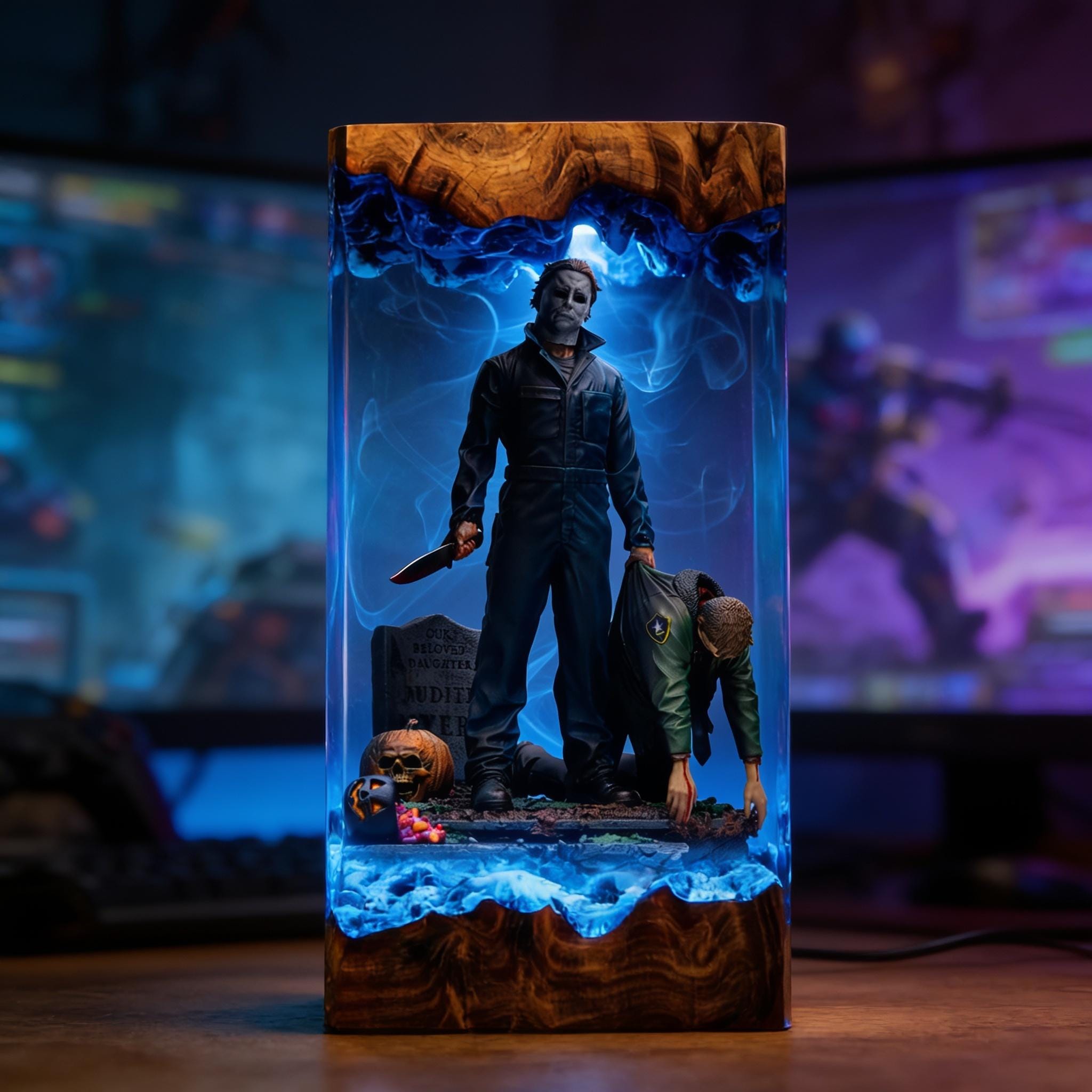 Michael Myers Resin Lamp Halloween Horror Epoxy Wood Night Light Custom Movie Diorama Handmade Desk Decor Birthday Gift-5