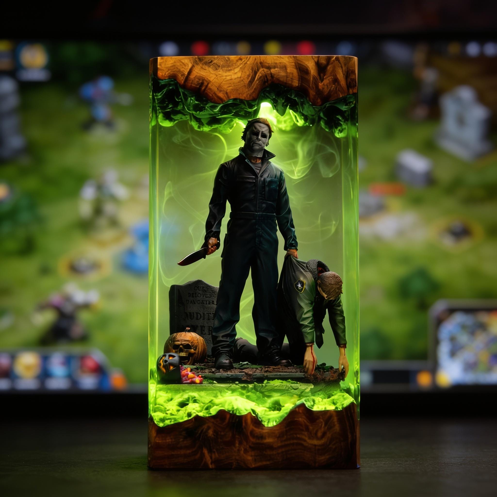 Michael Myers Resin Lamp Halloween Horror Epoxy Wood Night Light Custom Movie Diorama Handmade Desk Decor Birthday Gift-6