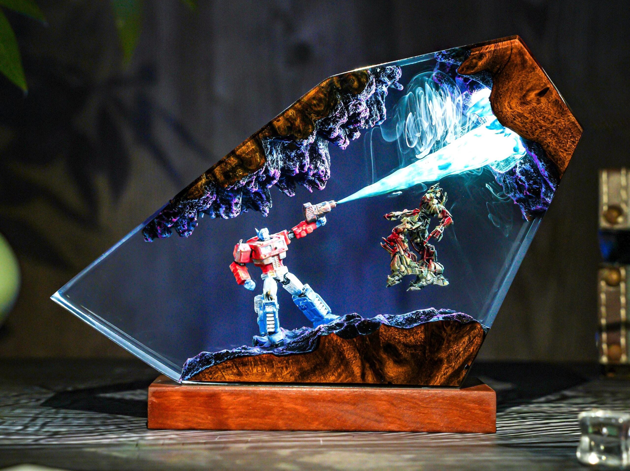 Optimus Titan Vs Omega Destroyer Diorama Lamp Handmade Resin Art Gift For Hallowen Gift For Kids Robot Figure Table Lamp-2