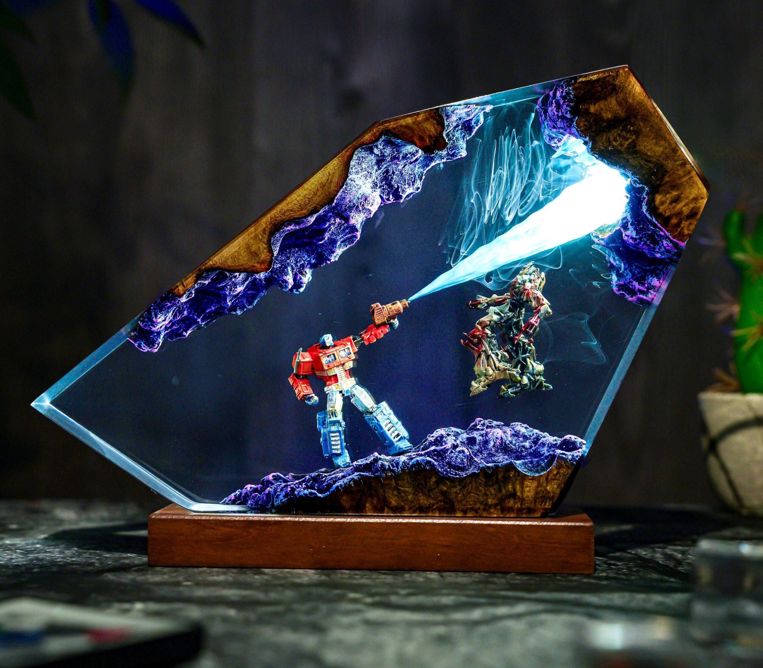 Optimus Titan Vs Omega Destroyer Diorama Lamp Handmade Resin Art Gift For Hallowen Gift For Kids Robot Figure Table Lamp-3