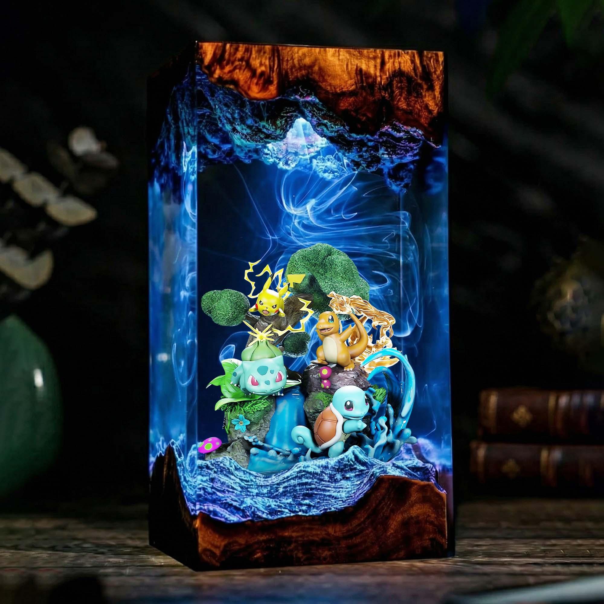 Pokemon Resin Lamp Pikachu Charmander Bulbasaur Squirtle Epoxy Wood Led Night Light Anime Gamer Room Decor Gift Gaming Decor-1