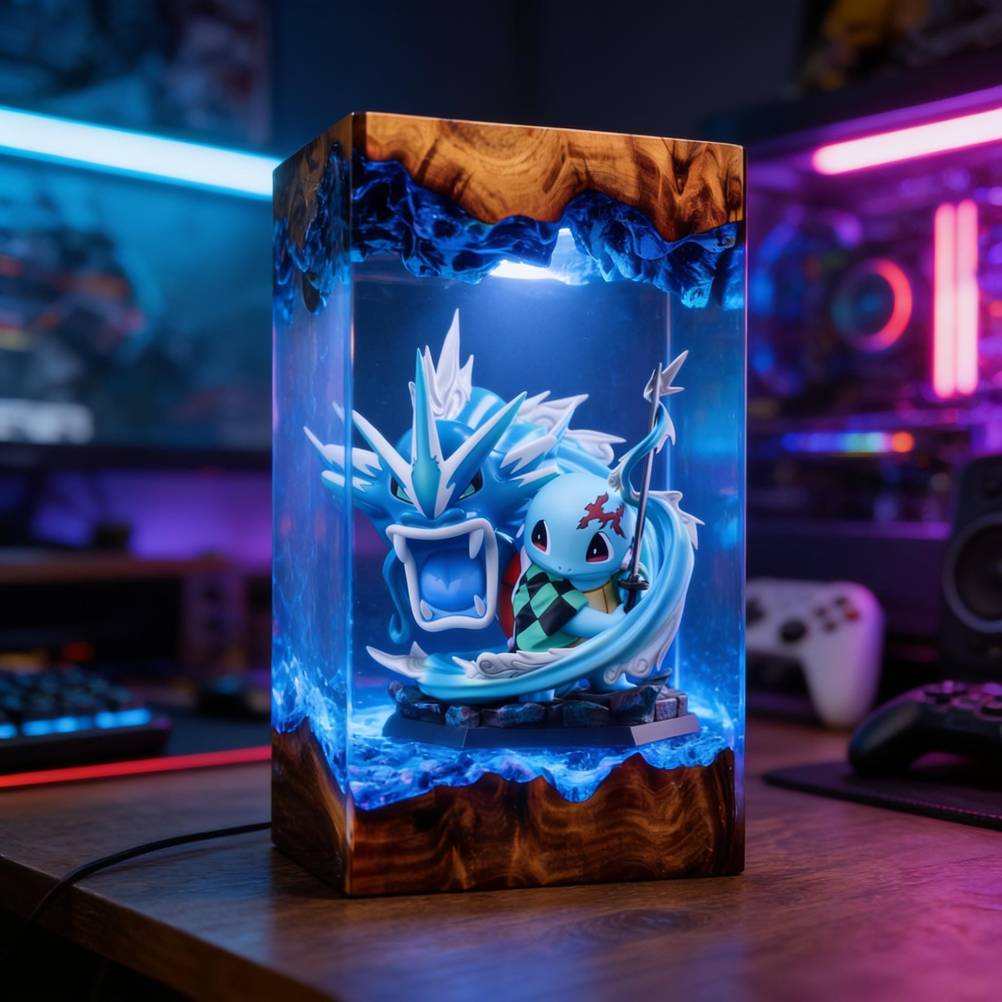 Pokemon Resin Lamp Squirtle Gyarados Epoxy Night Light Anime Diorama Desk Decor Custom Led Wood Lamp Birthday Gift-1