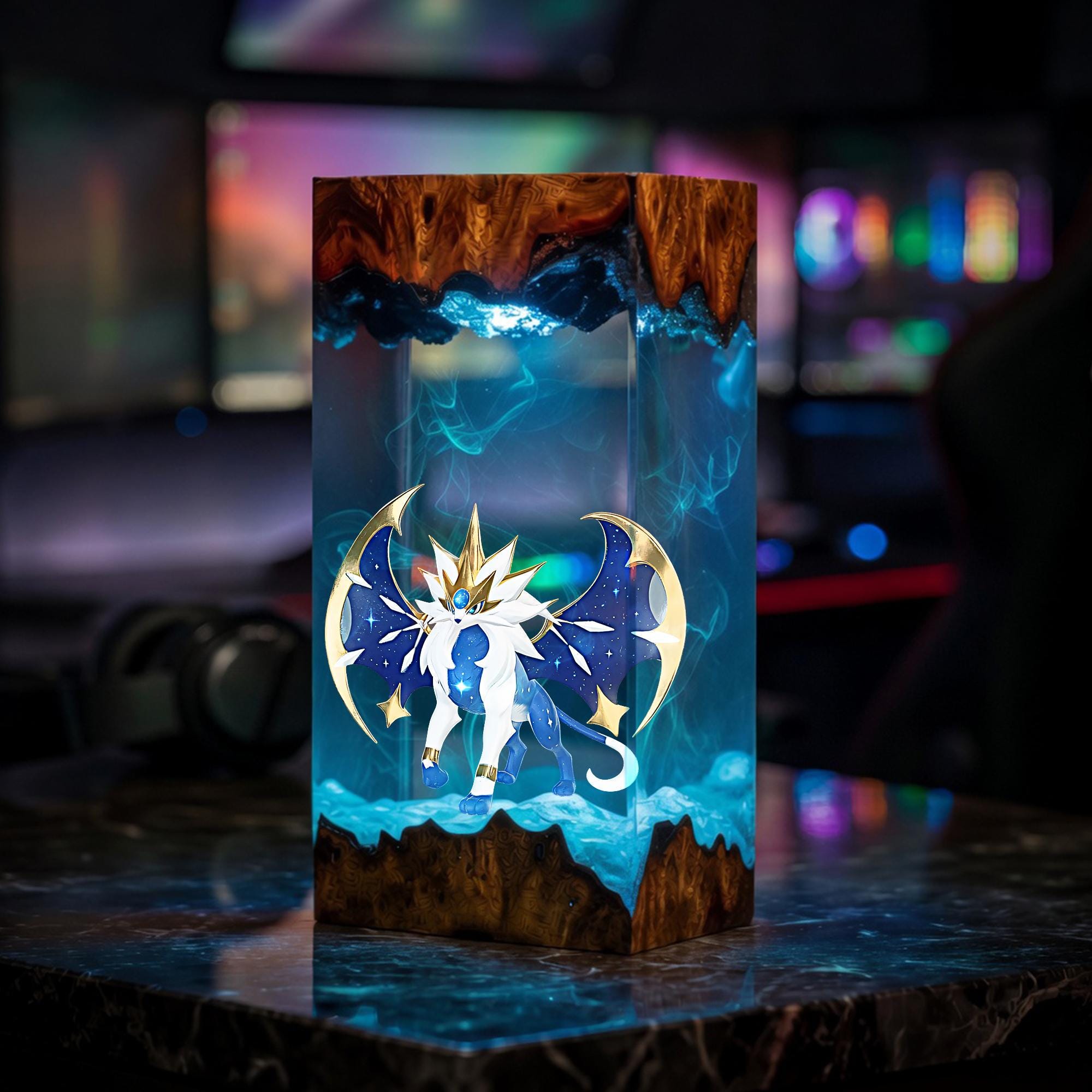 Solgaleo Resin Lamp Pokemon Legend Diorama Night Light Epoxy Wood Craft Anime Room Decor Gamer Gift Collectible Art Piece-1