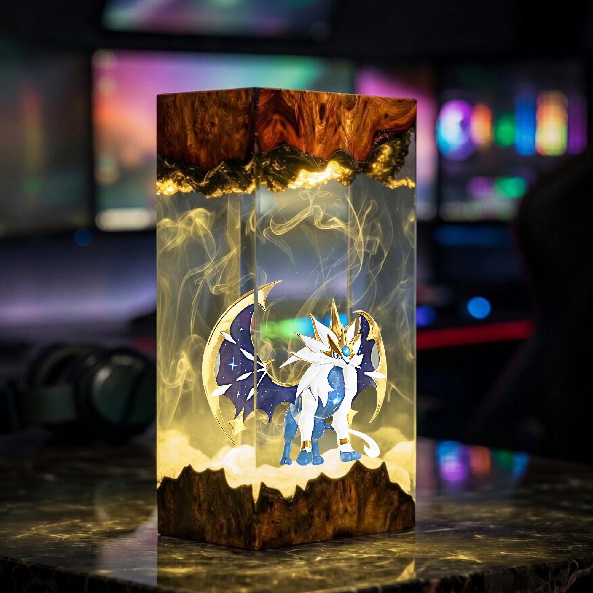 Solgaleo Resin Lamp Pokemon Legend Diorama Night Light Epoxy Wood Craft Anime Room Decor Gamer Gift Collectible Art Piece-6