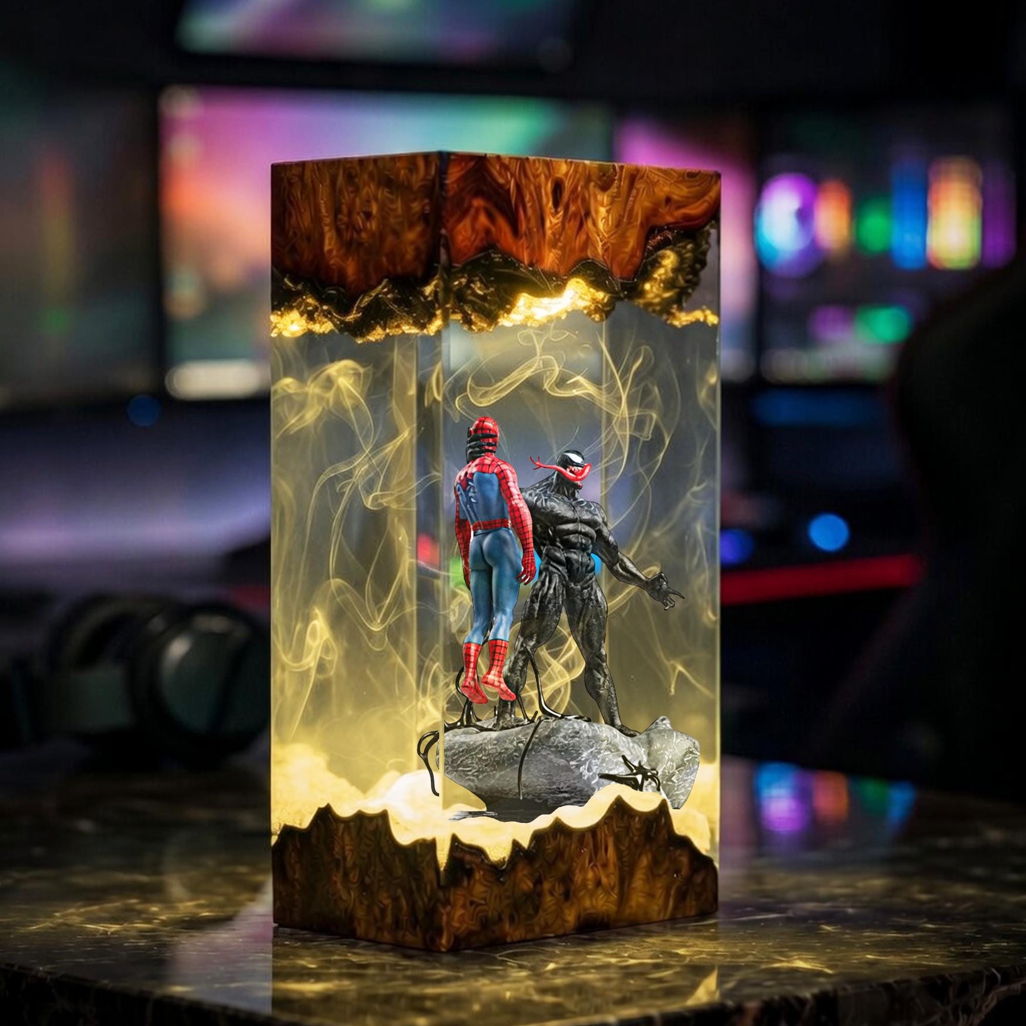 Spider Man Vs Venom Resin Lamp Marvel Symbiote Led Night Light Superhero Battle Desk Decor Gamer Room Gift Epoxy Wood Lamp-4