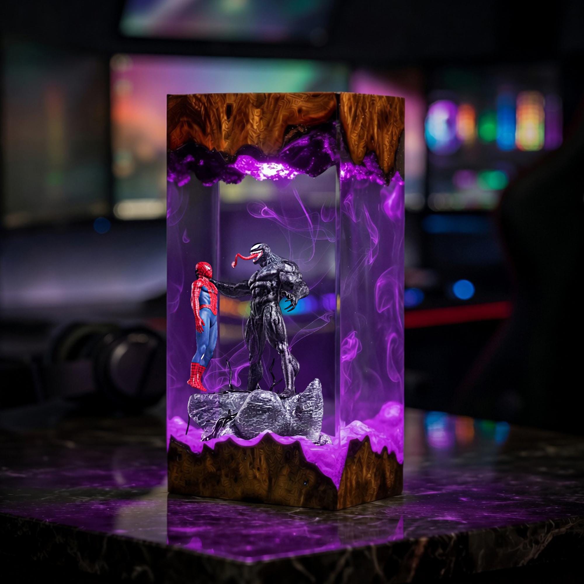 Spider Man Vs Venom Resin Lamp Marvel Symbiote Led Night Light Superhero Battle Desk Decor Gamer Room Gift Epoxy Wood Lamp-6