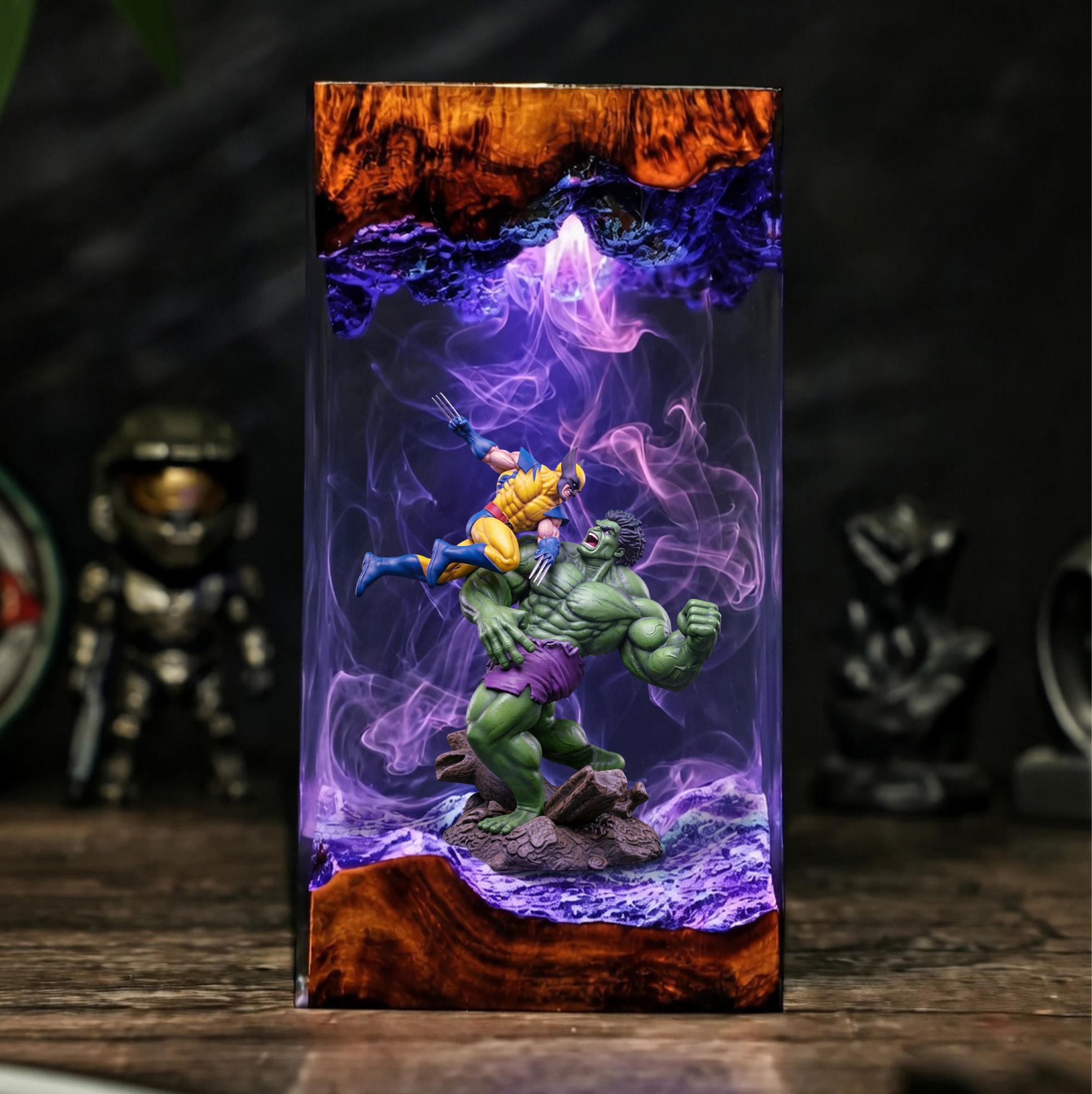 Wolverine Vs Hulk Resin Lamp Marvel Diorama Night Light Superhero Epoxy Lamp Custom Gaming Room Decor Handmade Collectible Gift-2